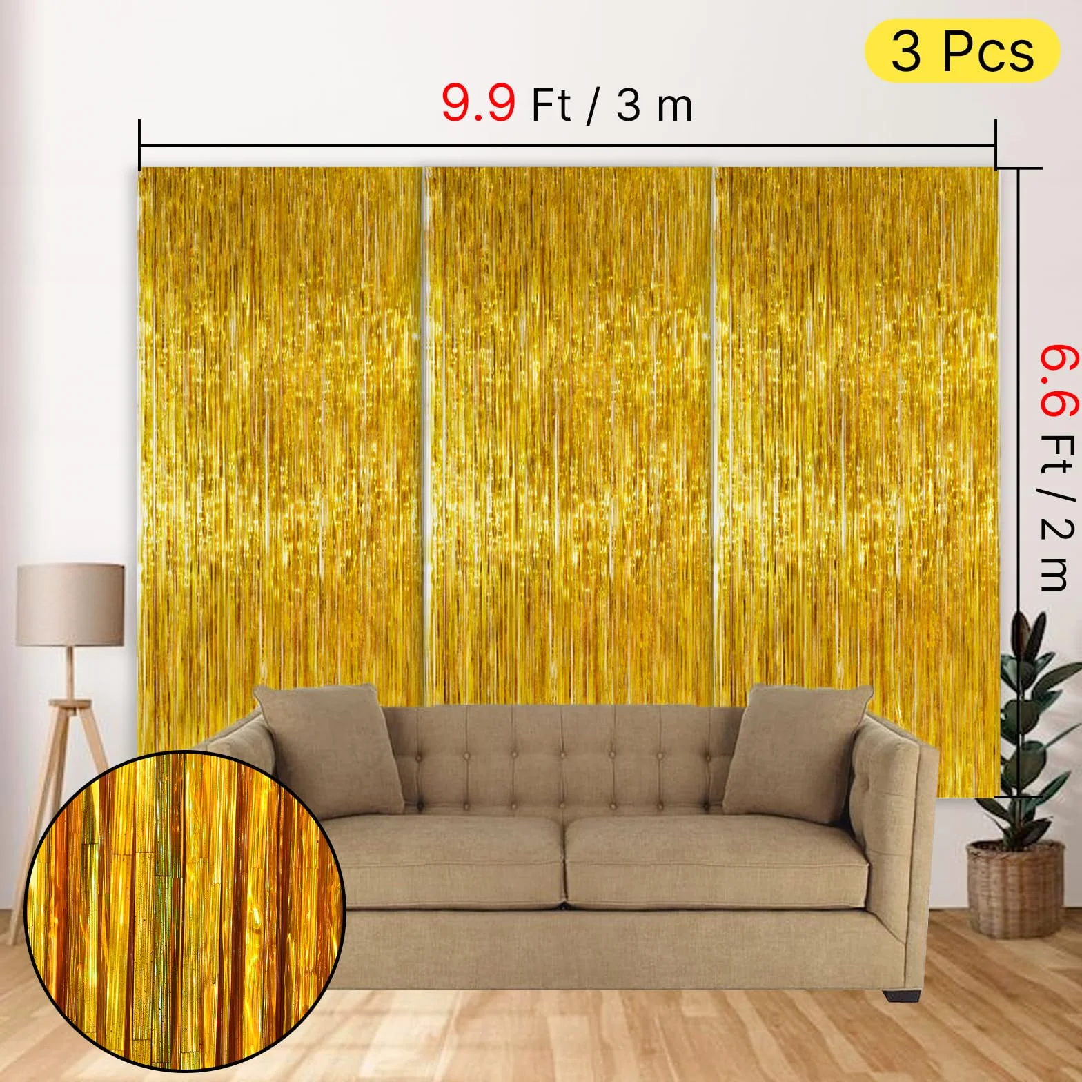PartyWoo 3 Pièces Rideau Frange Anniversaire Or Aluminium Métallique Brillant Tinsel Shimmer Décoration Fête Toile de Fond 1x2m