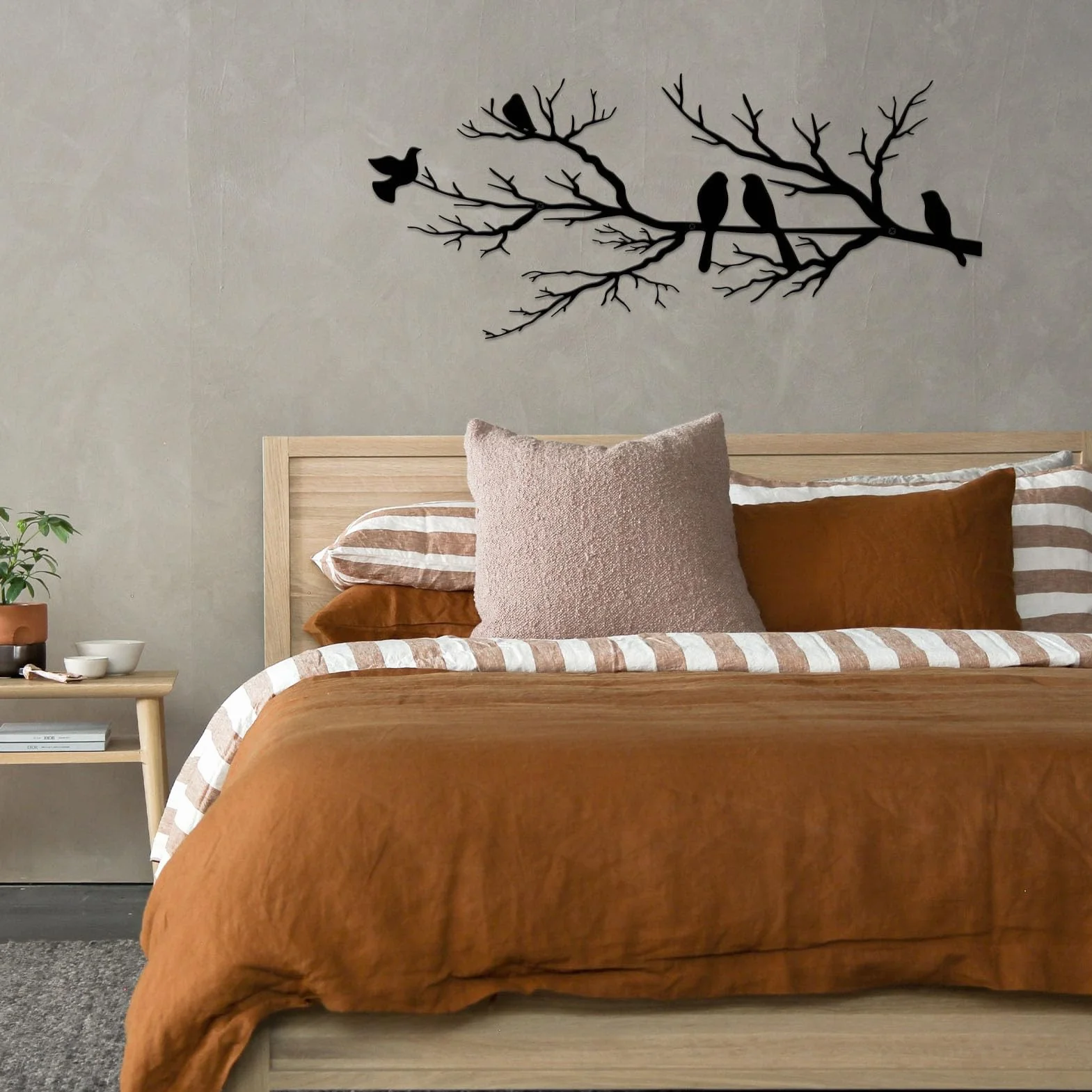 ESTART Décoration murale extérieure en métal silhouette d'oiseaux sur une branche feuilles noires sculpture murale pour maison jardin