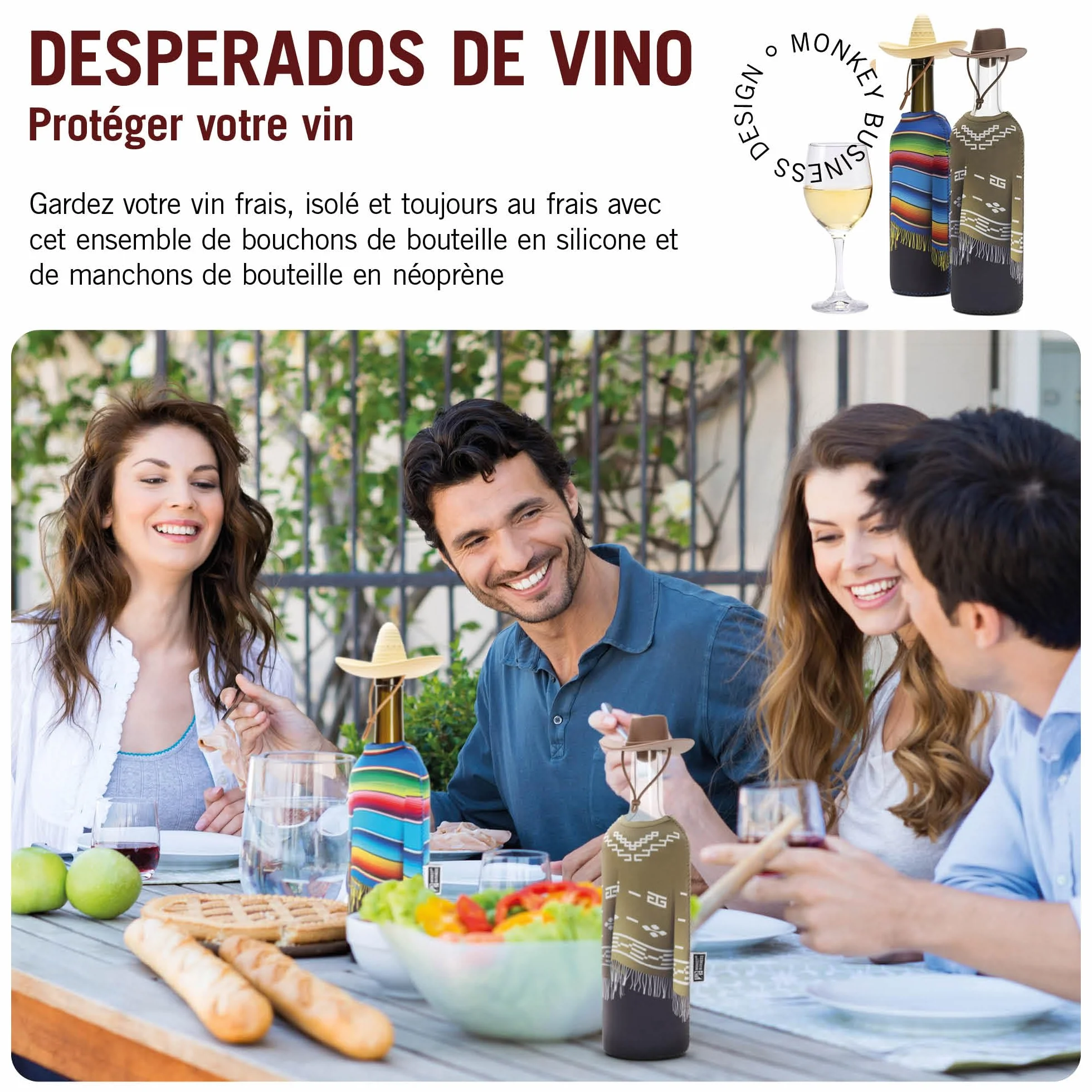 Monkey Business Coffret cadeau pour les amateurs de vin / 2 bouchons de bouteille en silicone et 2 ponchos en néoprène/isolez les bouteilles de vin et ouvrez les bouteilles pour plus tard/Wild
