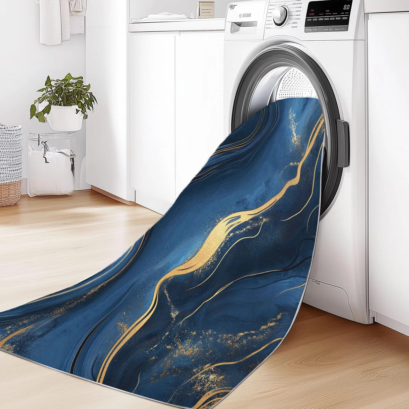 Tapis Salon Chambre Adulte Poil, Tapis à Poils Courts et denses Motif Lignes De Marbre Abstraites, Tapis Lavable en Machine Antidérapant Bleu Foncé Or, 60 x 110 cm