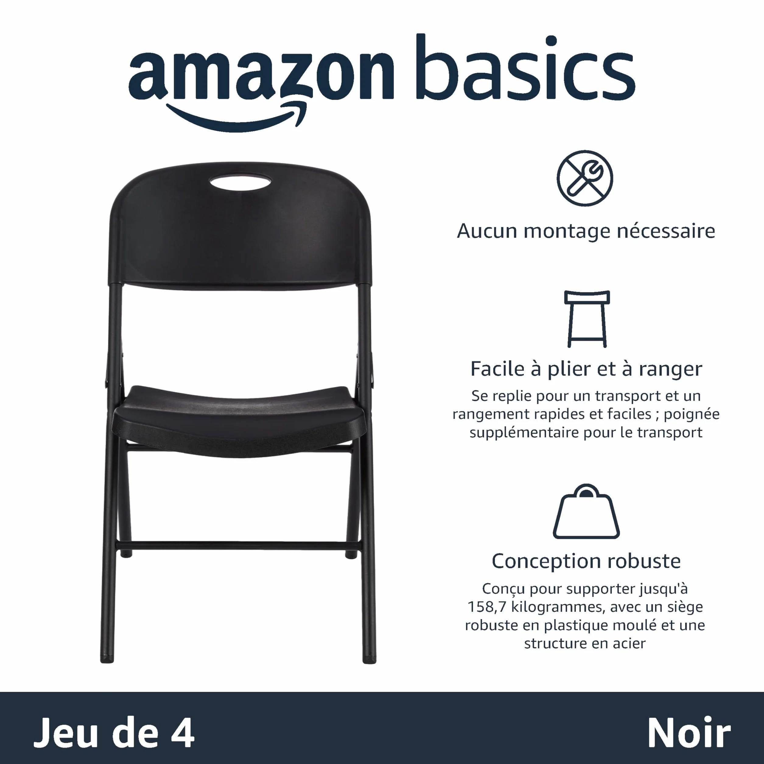 Amazon Basics Lot de 4 chaises pliantes en plastique et métal pour camping, cuisine, intérieur et extérieur, noir, jusqu'à 158 kg