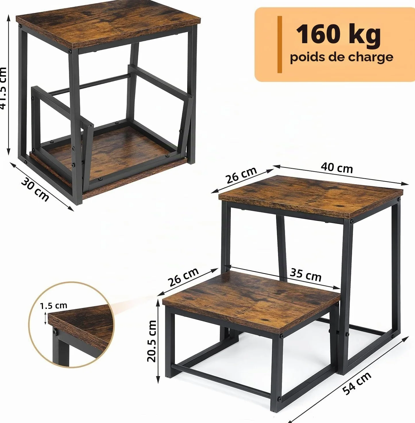 LIANTRAL Marchepied à 2 Marches en Bois pour adultes et enfants, Cadre métallique, Conception 2 en 1 rétractable, marchepied de lit antidérapantes, Marchepied pour Cuisine, Salle de Bain,Balcon,Marron