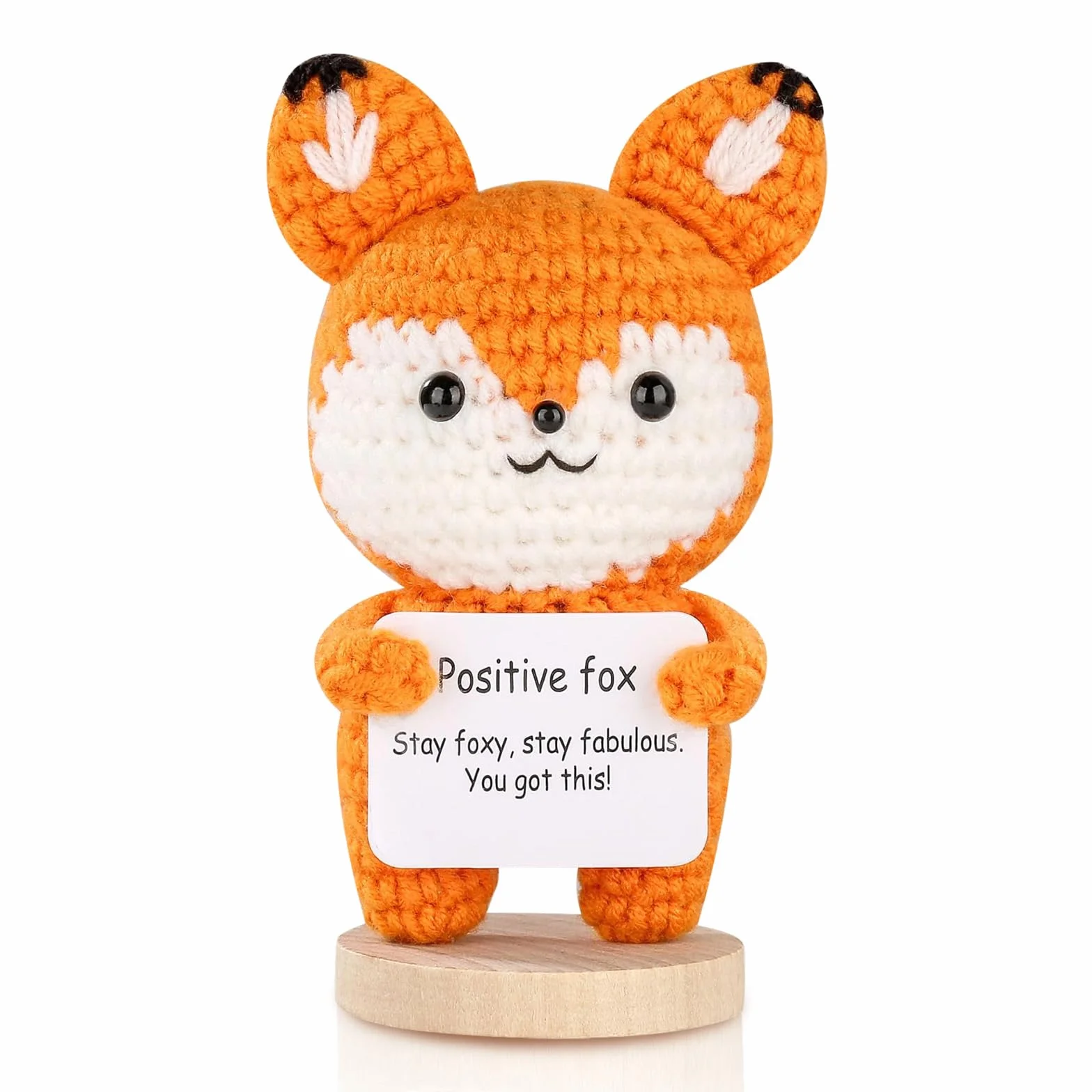 Renard amusant au crochet avec carte positive et base en bois, soutien émotionnel fait à la main pour femmes
