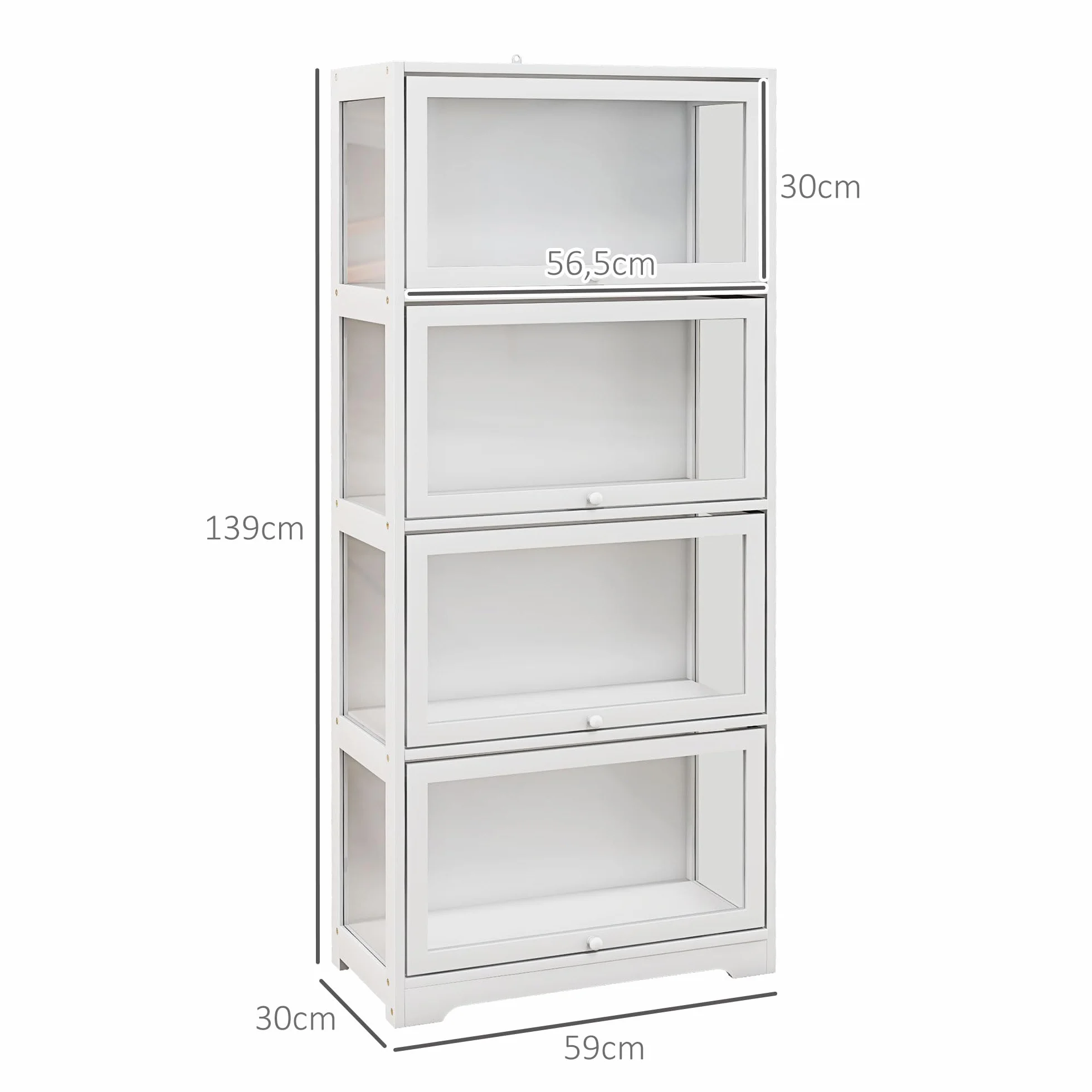 HOMCOM Vitrine pour Collection Buffet Salon Meuble de Rangement à 4 Niveaux avec Portes à abattant, pour Salon Bureau Chambre, 59 x 30 x 139 cm, Blanc