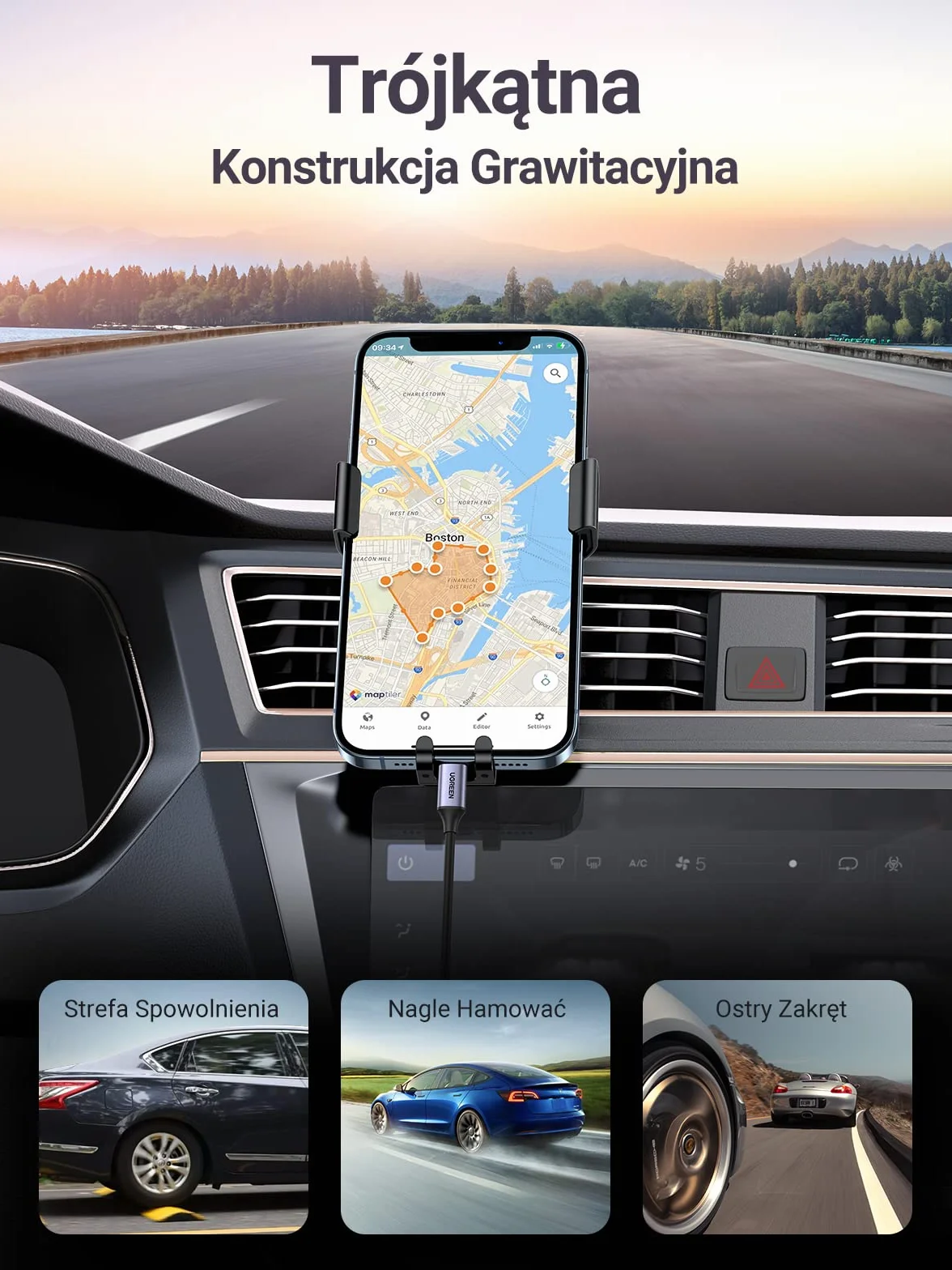 UGREEN Uchwyt na Telefon Samochodowy na Odpowietrznik Kompatybilny z iPhone Galaxy Huawei Xiaomi (Czarny)