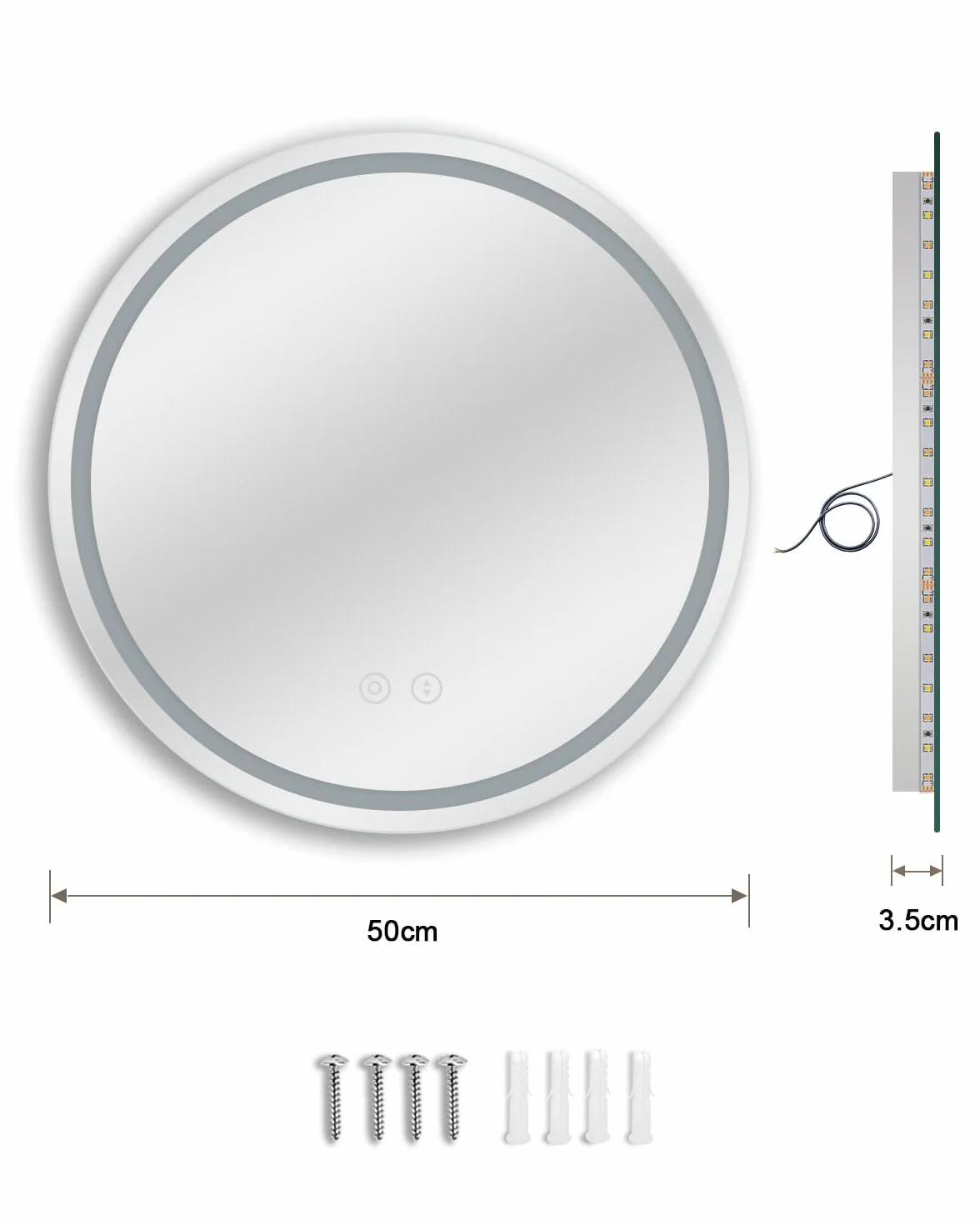 Dripex Miroir Salle de Bain avec Eclairage 50cm, Miroir LED Rond avec Anti-buée, 3 Couleurs Lumière, Dimmable, Fonction Mémoire, HD Verre Trempé, Capteur Tactile, IP44