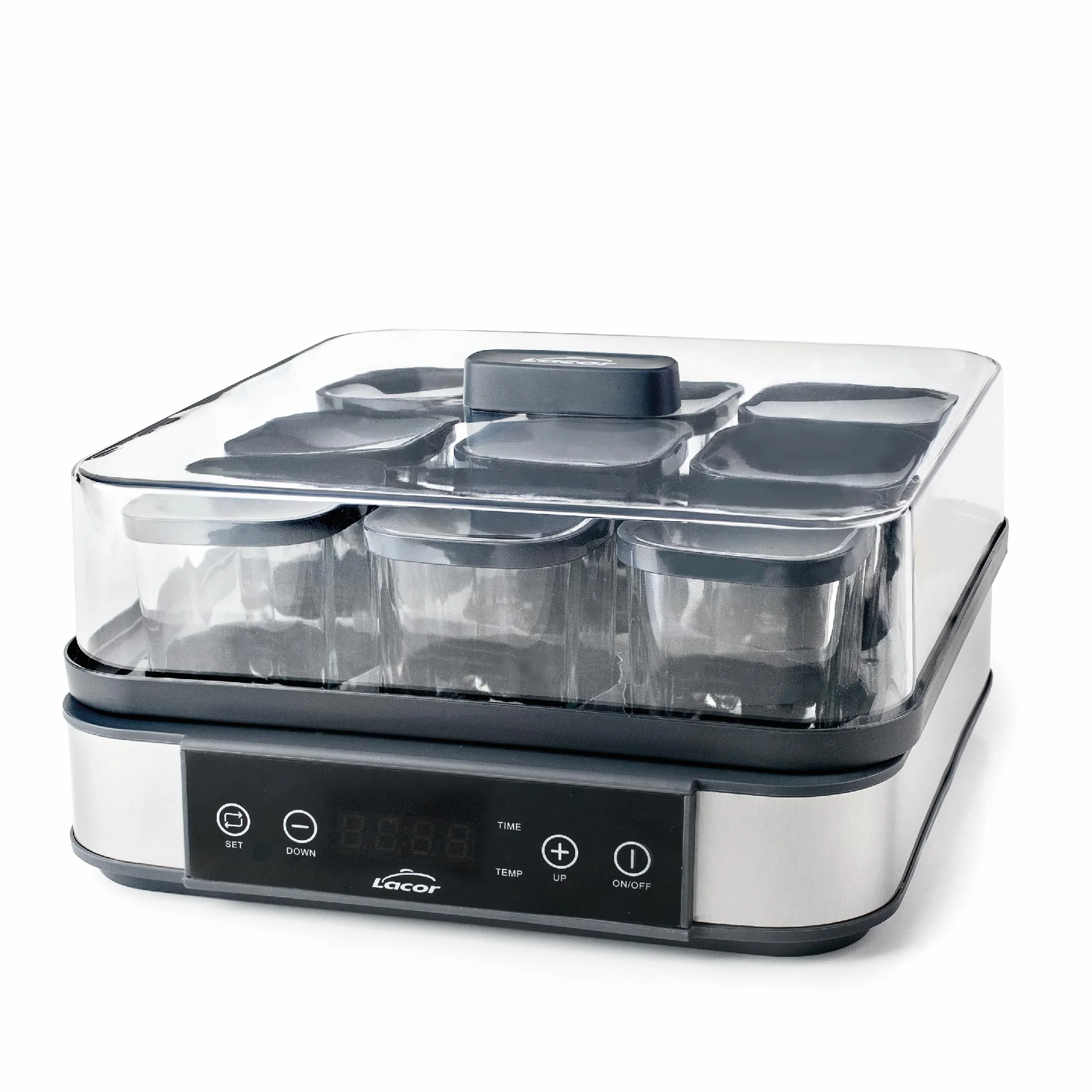 Lacor - 69439 - Yaourtière en Verre Deva, 9 Bocaux en Verre Inclus, Température Réglable, Minuterie, Arrêt Automatique, Livre de Recettes Inclus, 100% sans BPA, 170ml x 9
