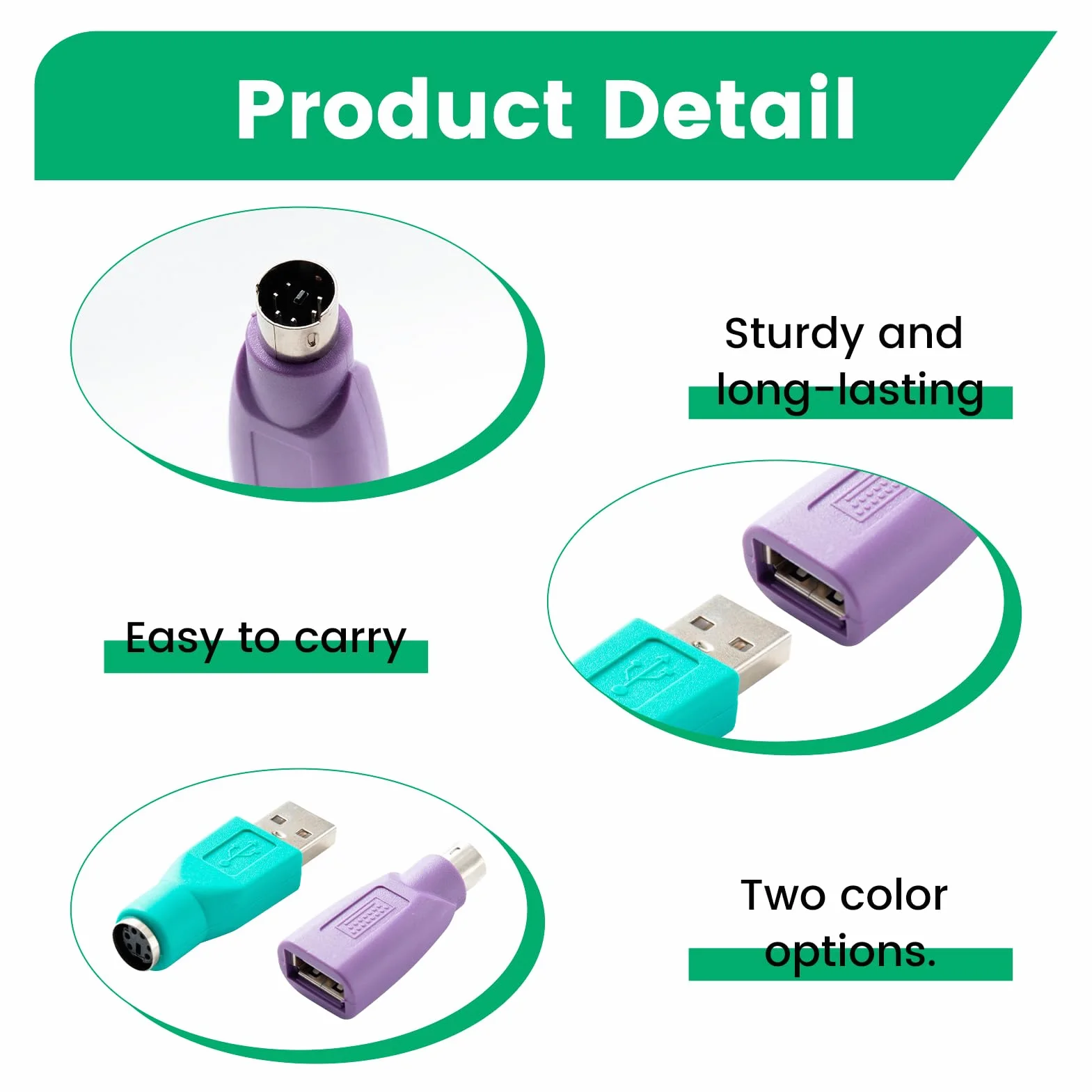 Adaptateur PS2 vers USB 4 Pièces, PS/2 Femelle vers USB Mâle, Clavier Souris Connexion Mini-DIN 6 Violet/Vert
