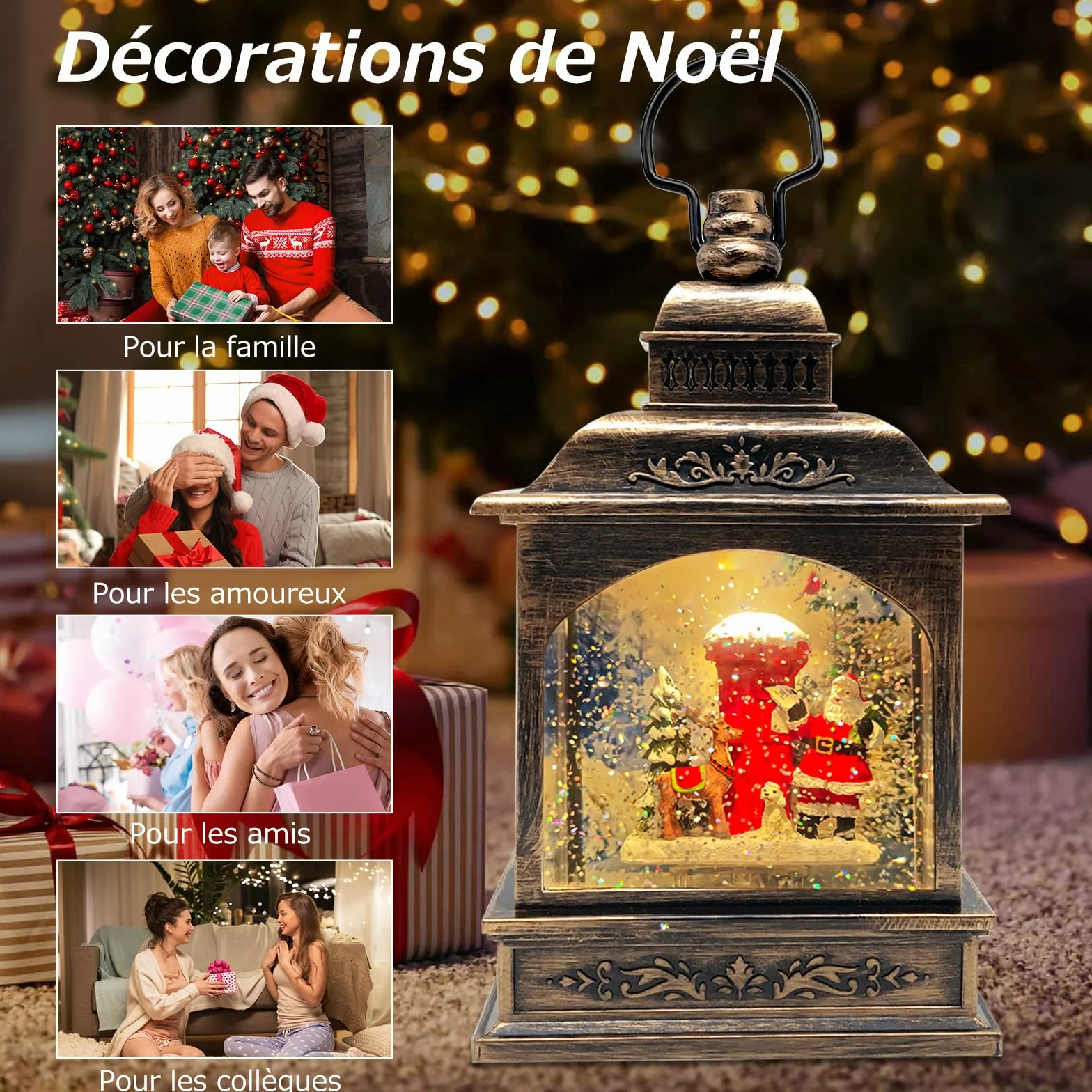 Lanterne Boule à Neige de Noël, illuminée et Musicale avec minuterie, Lanterne rotative du Père avec Projection, décoration de Scintillante, Cadeau (Père Noël + boîte aux Lettres)