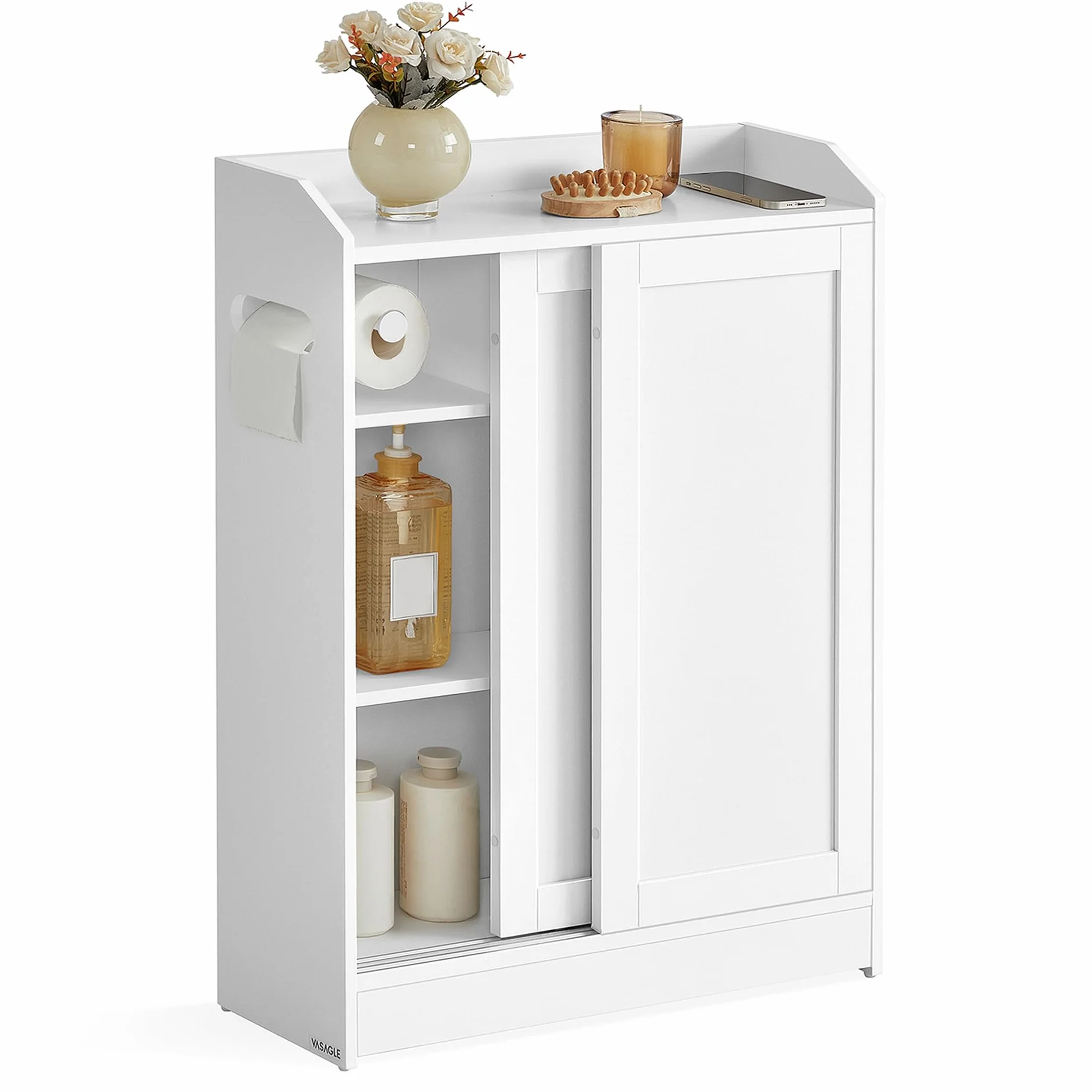 VASAGLE Meuble WC, Meuble Toilette, pour Salle de Bain, Rangement Papier Toilette, pour Brosse WC, Portes Coulissantes, Étagères Réglables, à Côté des WC, 20 x 60 x 80 cm, Blanc Nuage BBC752W01