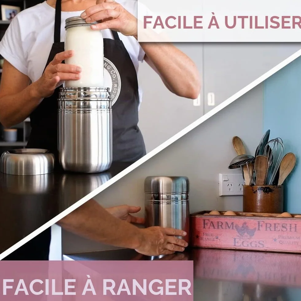 Yaourtière en acier inoxydable avec bocal en verre de 1 quart (0,95 litre) et livre de recettes complet pour faire plus de 12 yaourts faits maison sans produits laitiers et au lait