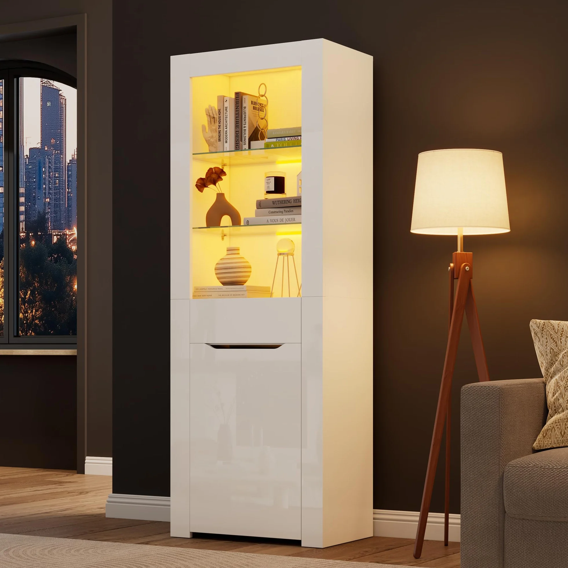 Merax Vitrine LED - Armoire 1 porte 1 tiroir - Vitrage spacieux - Meuble moderne - Salon/Bureau/Salle à manger - Blanc