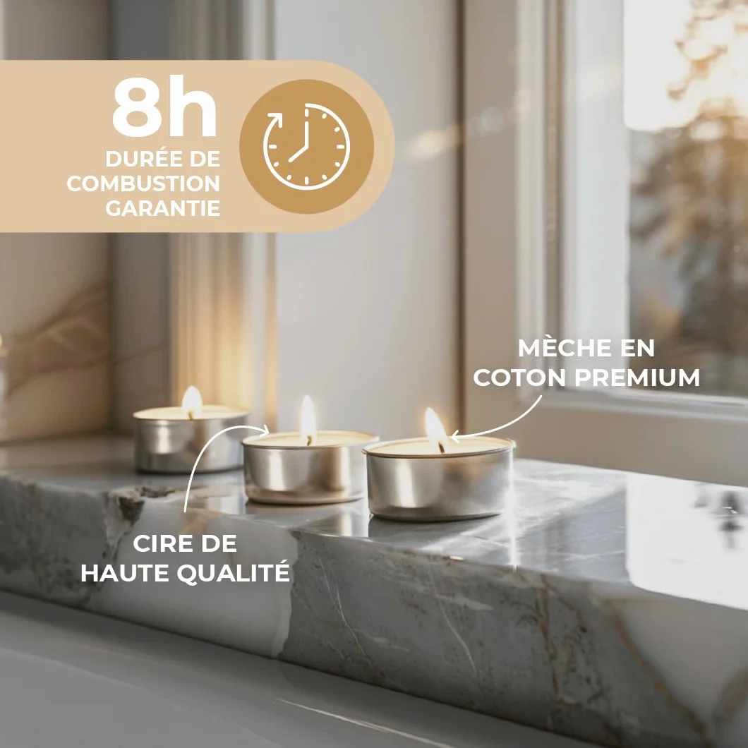 Bougies Chauffe-plat Blanc Lot de 100 - Longue Durée 8 Heures Sans Parfum