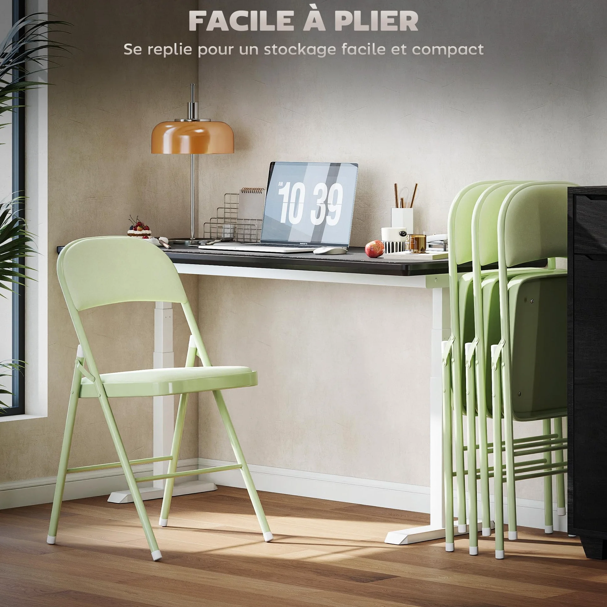 HOMCOM Lot de 4 chaises Pliantes chaises de Salle à Manger Portables intérieur avec assises et dossiers rembourrés en Velours et Cadre en Acier, Charge jusqu'à 120kg, Vert