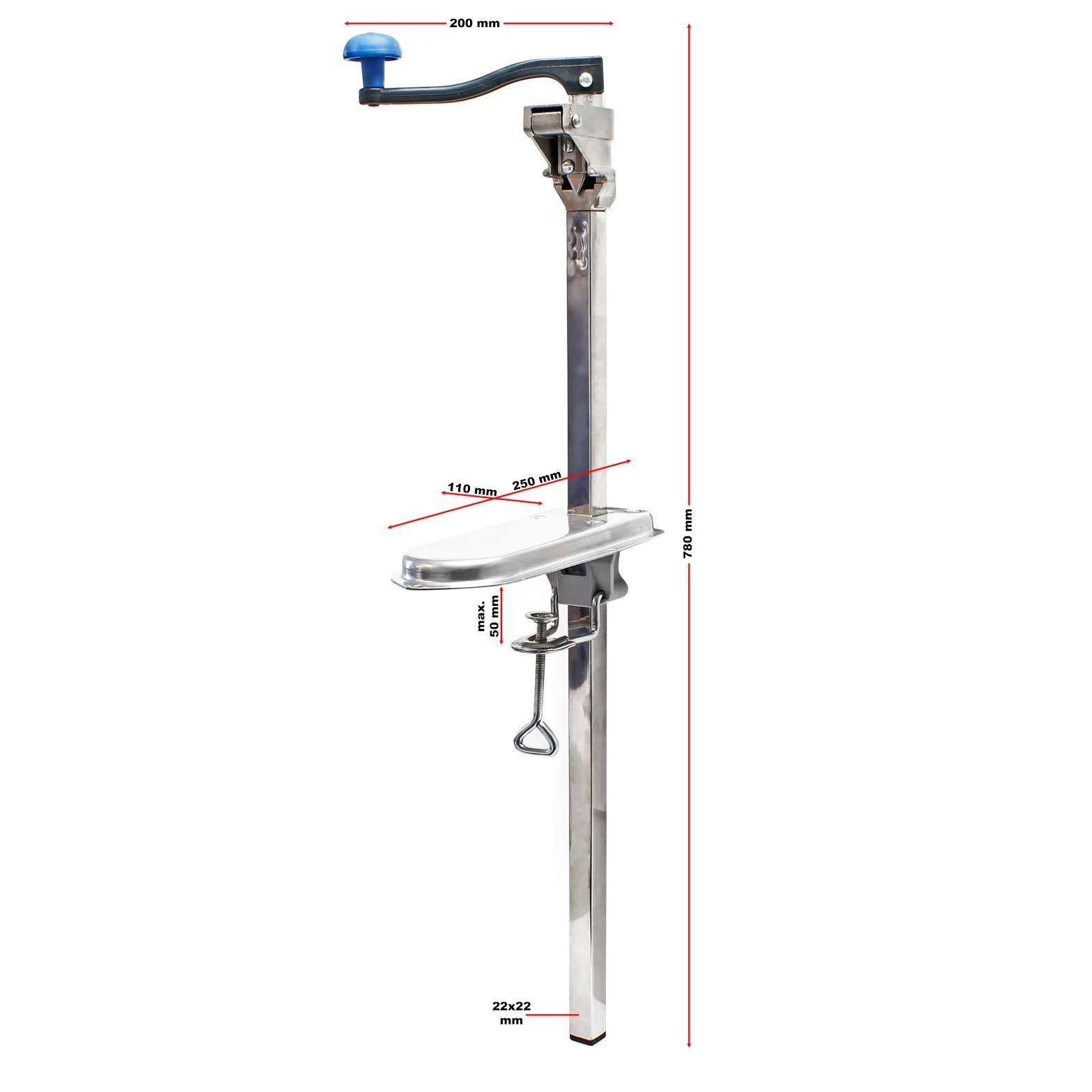Wiltec Ouvre-boîte professionnel de table – 250 x 110 x 780 mm – boîtier en fonte, couteau en Acier trempé – pour Boîtes jusqu’à 50 cm – Ouvre-conserves manuel pour Gastronomie Cuisine