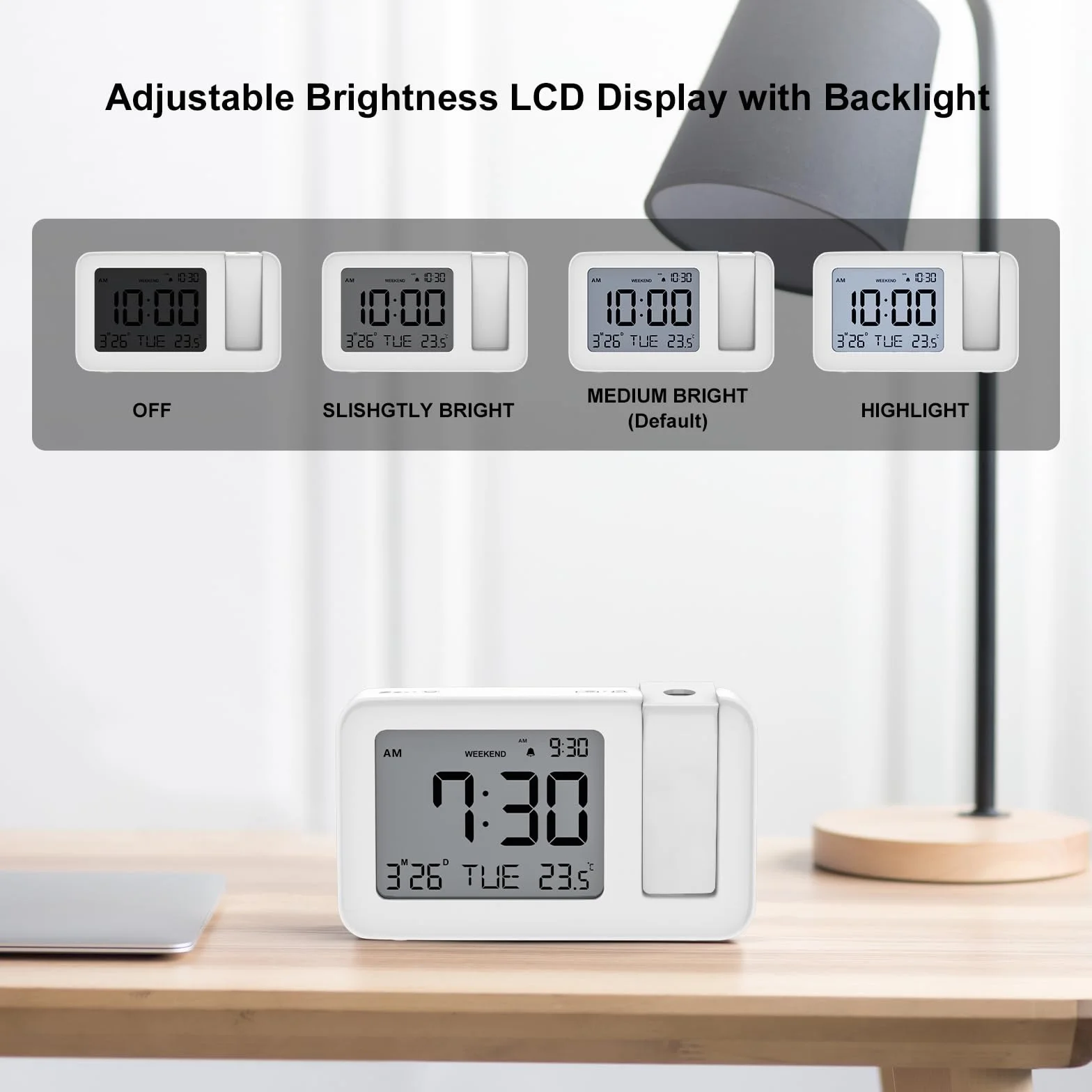 Projecteur Plafond Réveil Numérique avec Température Intérieure, 4 Niveaux Luminosité, Réglage 12/24H pour Chambre