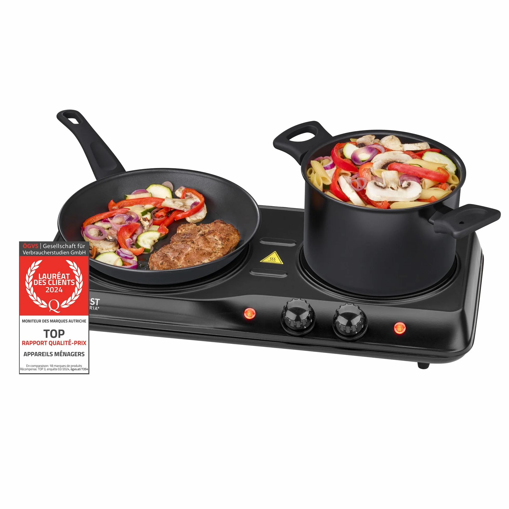 TZS First Austria - Plaque de cuisson double infrarouge vitrocéramique TOUS types de casseroles 2000W - Mini réchaud électrique pour déménagement, camping & maison - Réglage continu & témoin contrôle