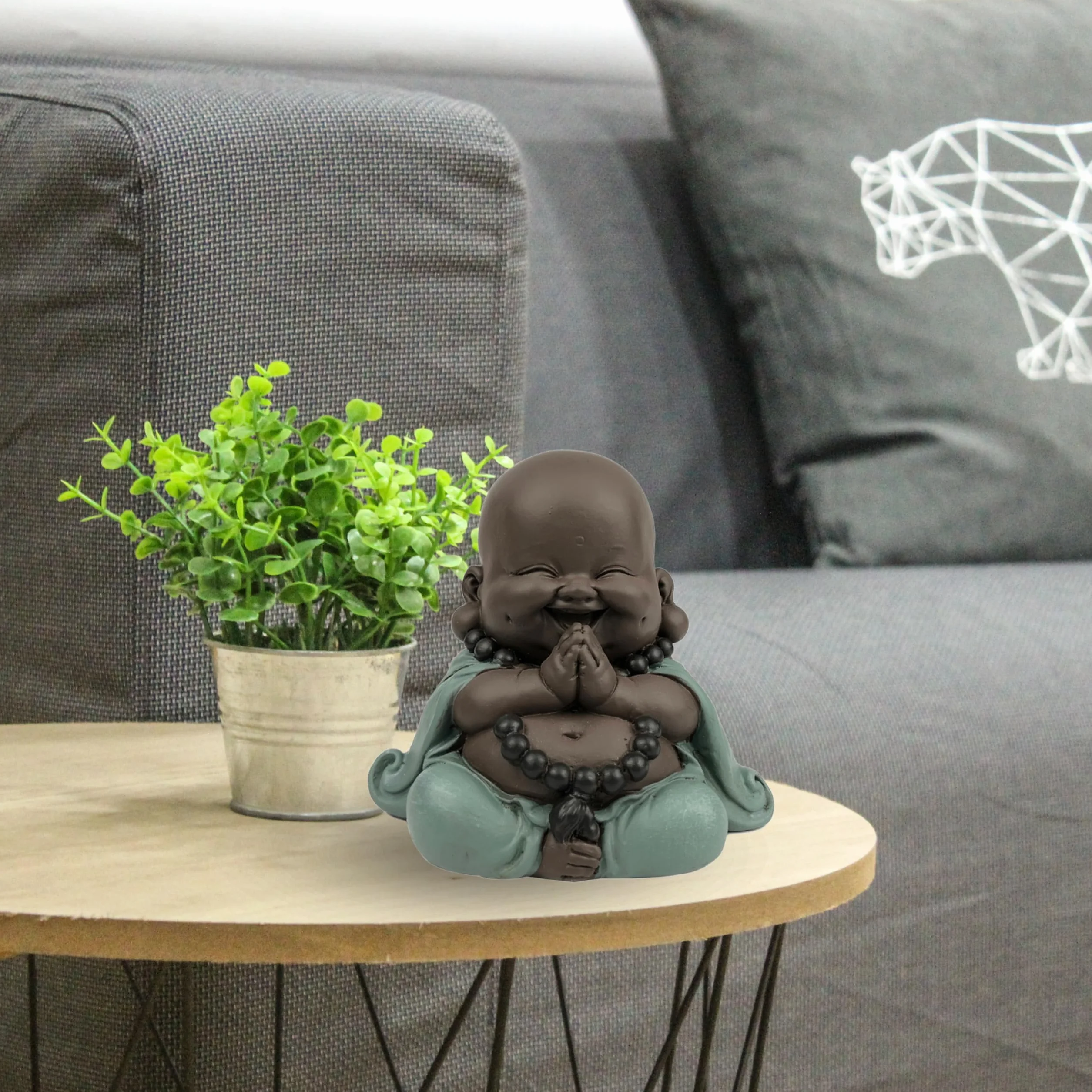 Statue Bouddha Rieur Porte Bonheur Décoration Feng Shui Zen 9cm Vert Marron Zen'Light