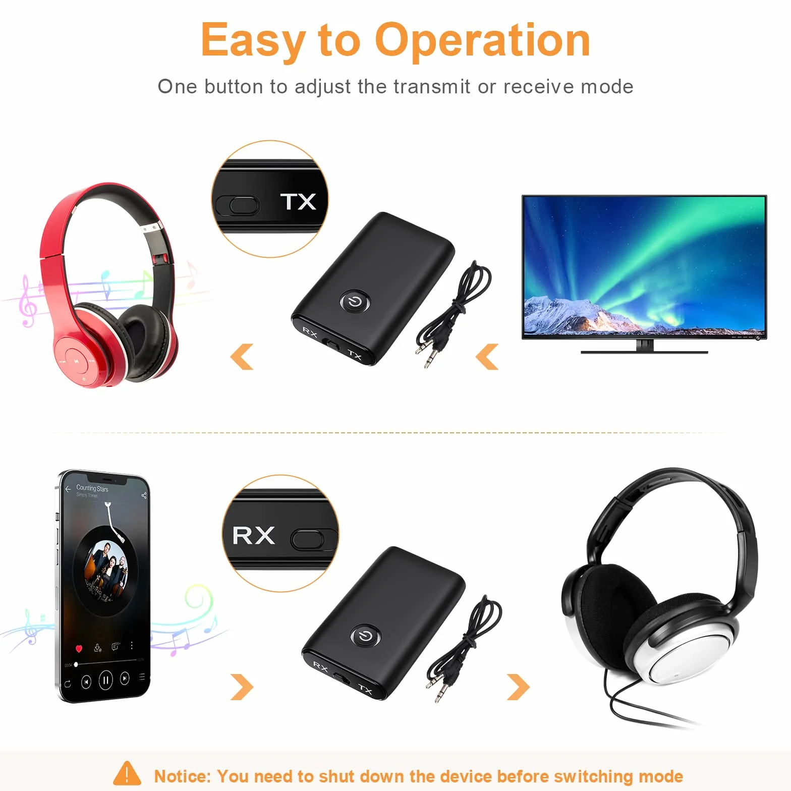 Nadajnik odbiornika Bluetooth, bezprzewodowy przenośny adapter Bluetooth 5.0, odbiornik nadajnik Bluetooth, odbiornik Bluetooth 2 w 1 do telewizora PC Słuchawki stereo