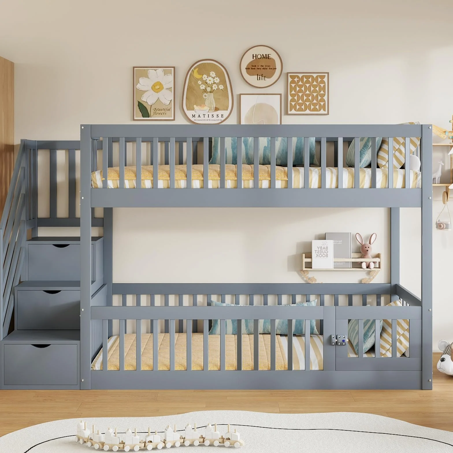 Sweiko Lit superposé 90x200 cm avec échelle de sécurité et tiroirs, lit Simple en Bois avec Espace de Rangement, idéal pour Les Enfants et Les Adolescents,Grey