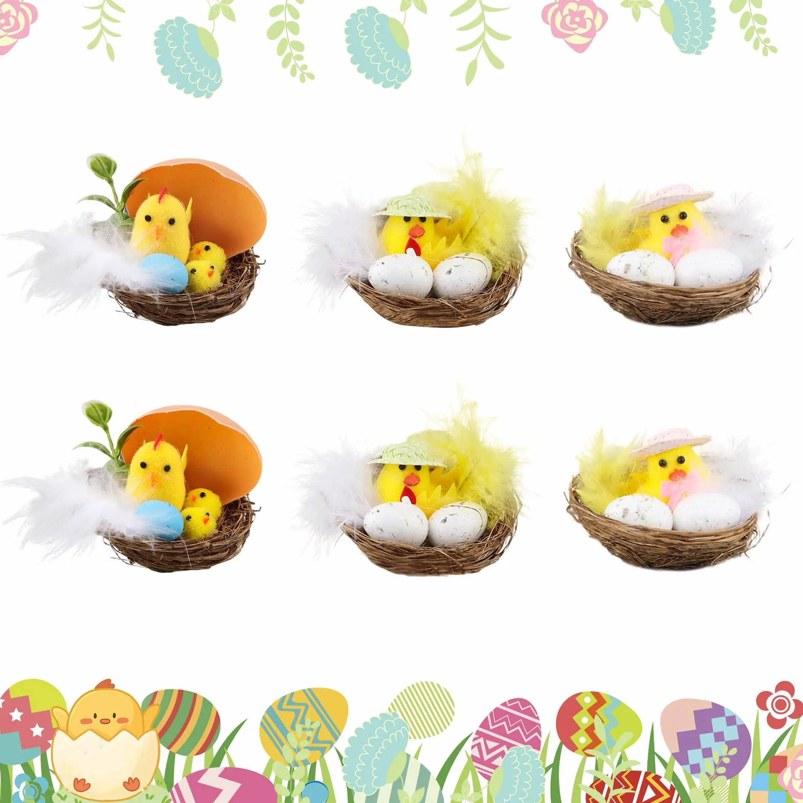 Set Poussins Pâques 6 Pièces Décoration Carton avec Œufs et Nid