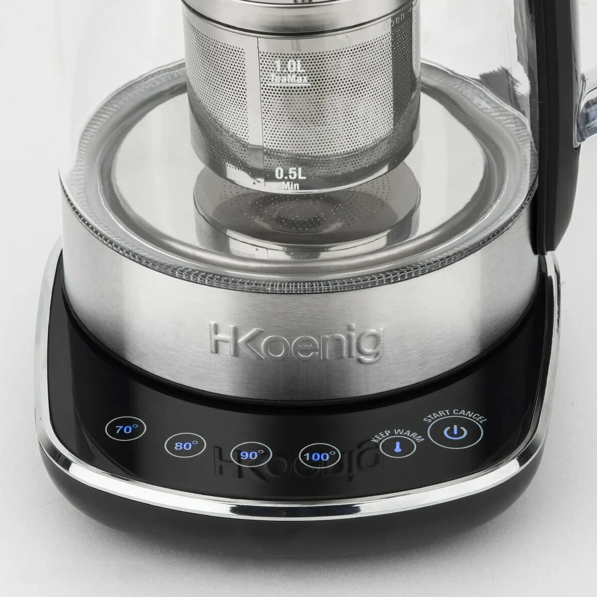 H.Koenig Théière Bouilloire Instant T électrique en Verre 1.5L TI600 avec Infuseur filtre à Thé Inox 2200W Compacte, Ebullition rapide, Thermostat Réglable 70° à 100°C, Maintien au chaud, 2couvercles