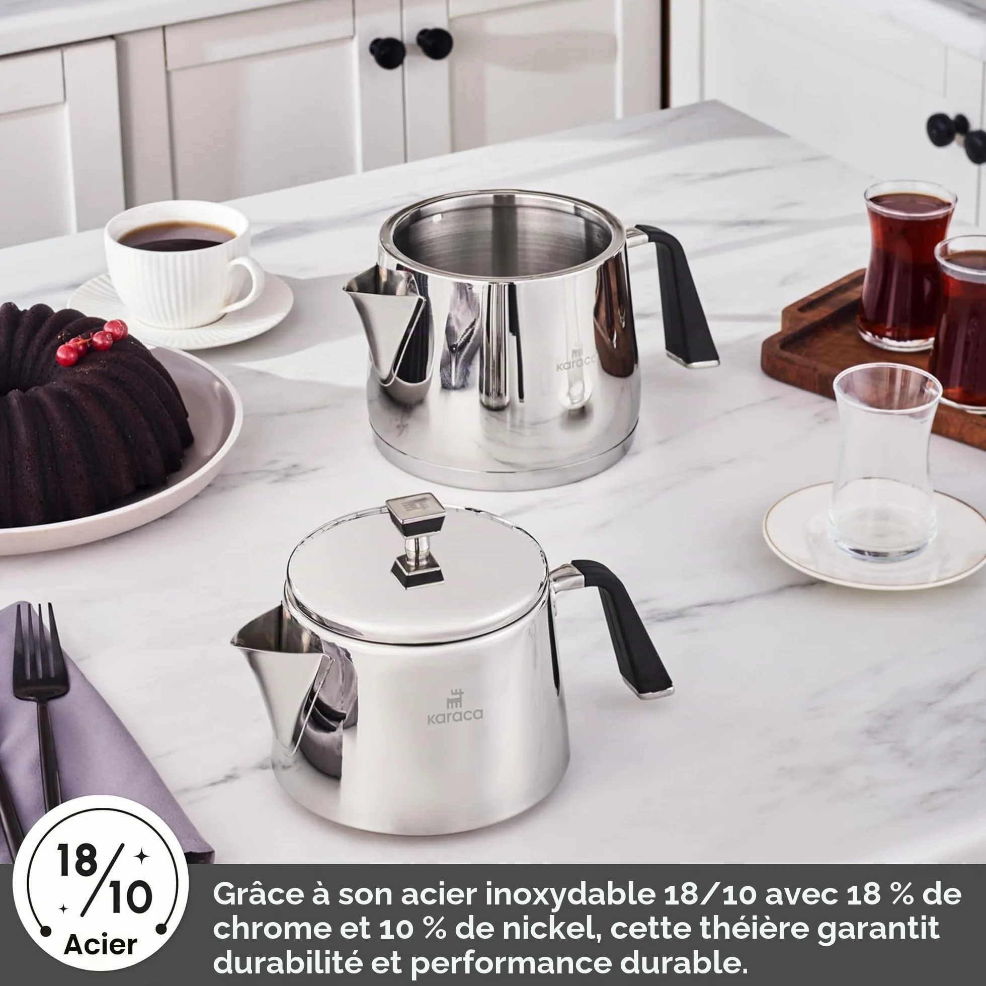 Karaca Fiona Set de Théière Turque en Acier Inoxydable, Bouilloire 2L, Théière 1L, Poignées Résistantes à la Chaleur, Finition Poli, Turkish Teapot & Caydanlik, Compatible Induction, Noir