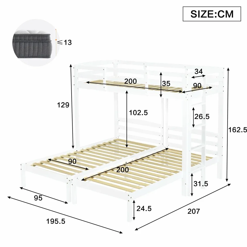 Sapgaks Lit superposé 3 Places 90x200cm,lit Mezzanine 3 Places,lit Enfant avec Barriere lit Double Enfant,Mezzanine escalier,avec échelle latérale,pour Enfants et Adolescents, Blanc