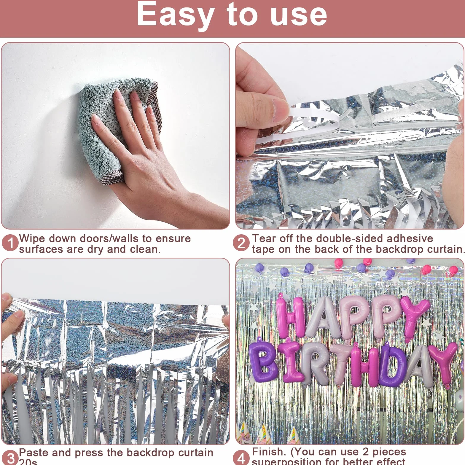 Rideau Argenté Métallique Tinsel 1 m x 2.5 m, Rideau Paillette pour Décoration Anniversaire, Nouvel An, Mariage