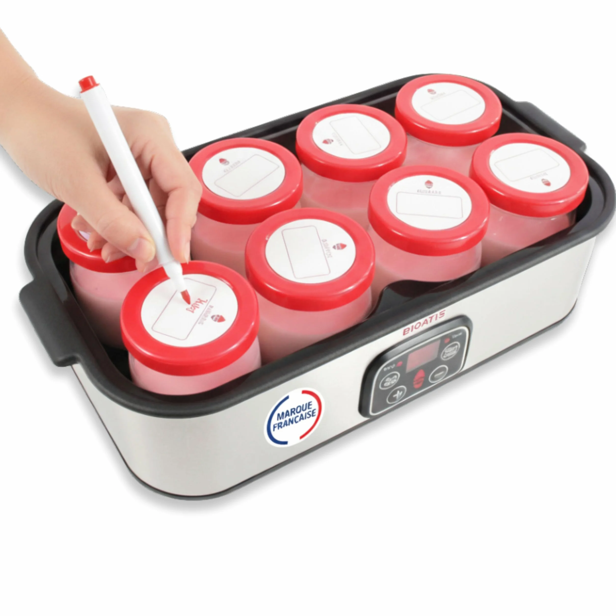 Yaourtière Inox Améliorée Compacte. 84 Recettes et Notice française. Couvercle hermétique avec Etiquette et Marqueur Inclus. 8 pots x 180ml en Verre sans BPA. Ecran LCD. Minuterie et Arrêt Automatique