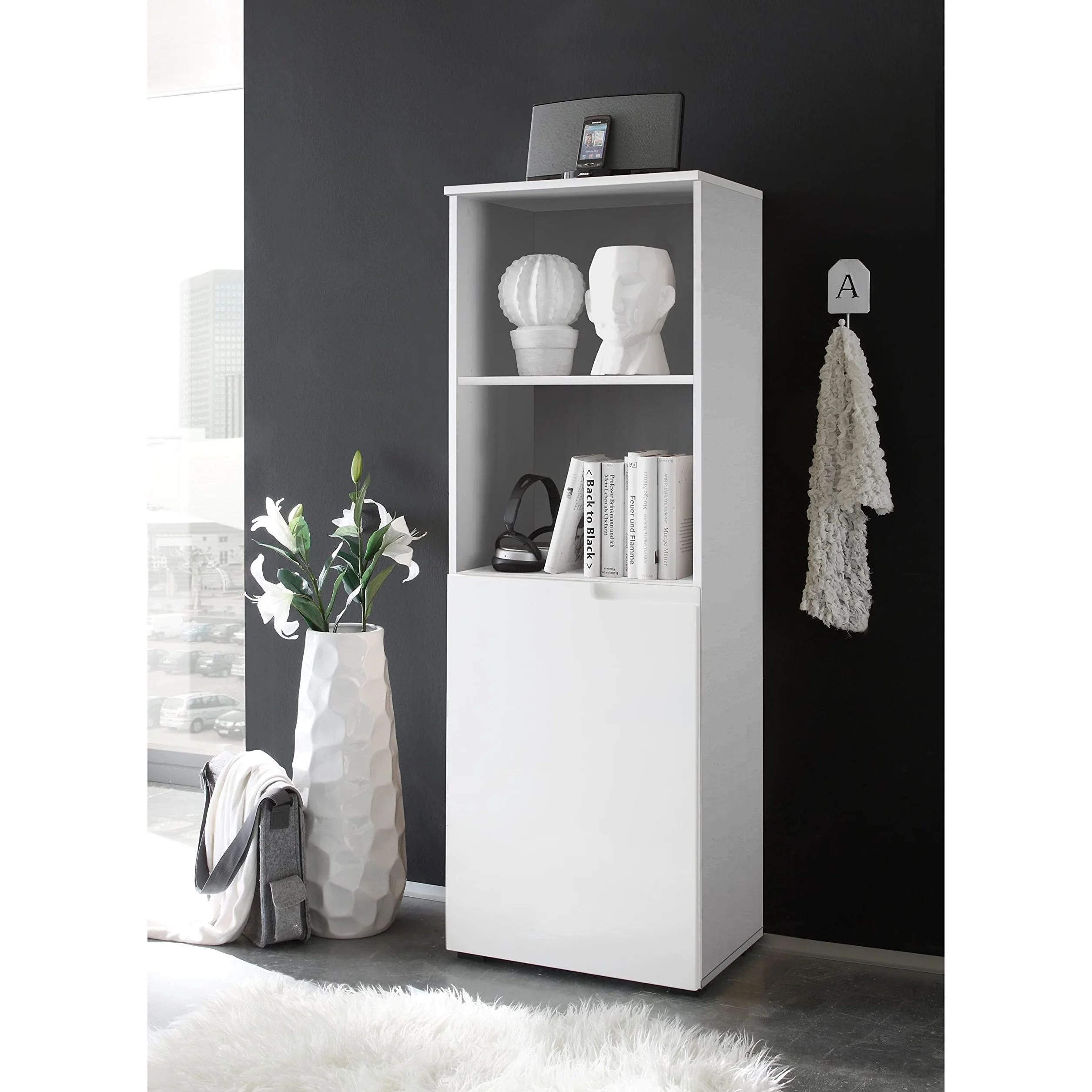 Stella Trading SPICE Meuble rangement bureau blanc brillant Armoire 2 compartiments ouverts Mobilier bureau moderne 50 x 145 x 35 cm