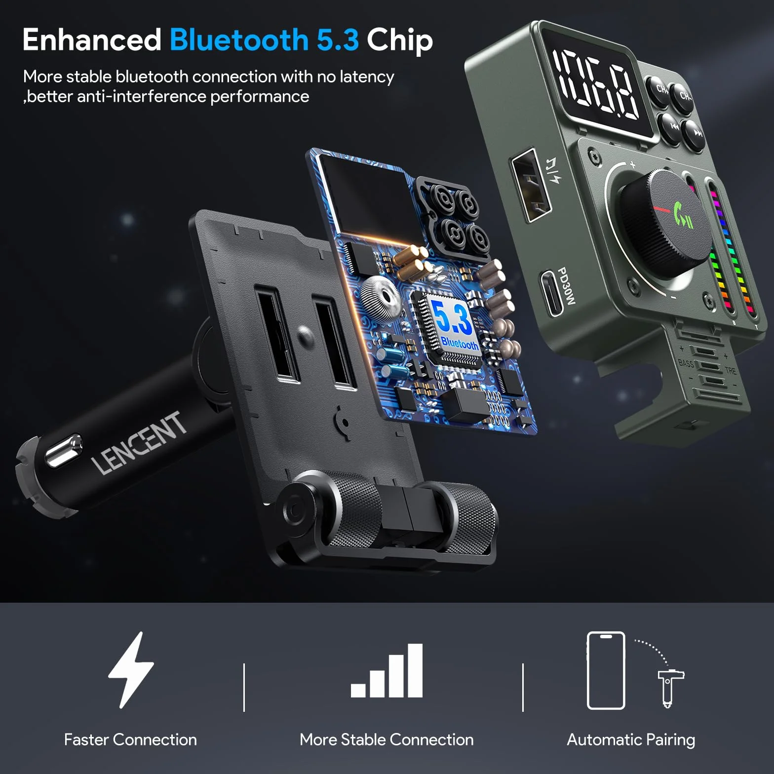 LENCENT 5.3 Samochodu Nadajnik FM Bluetooth, Adapter Bluetooth z Typ C PD 30W ładowarka Fast USB do Rozmów w Szybkiego ładowania Zapalniczki Samochodowej, Zestaw Głośnomówiący, Siri Google Assistant