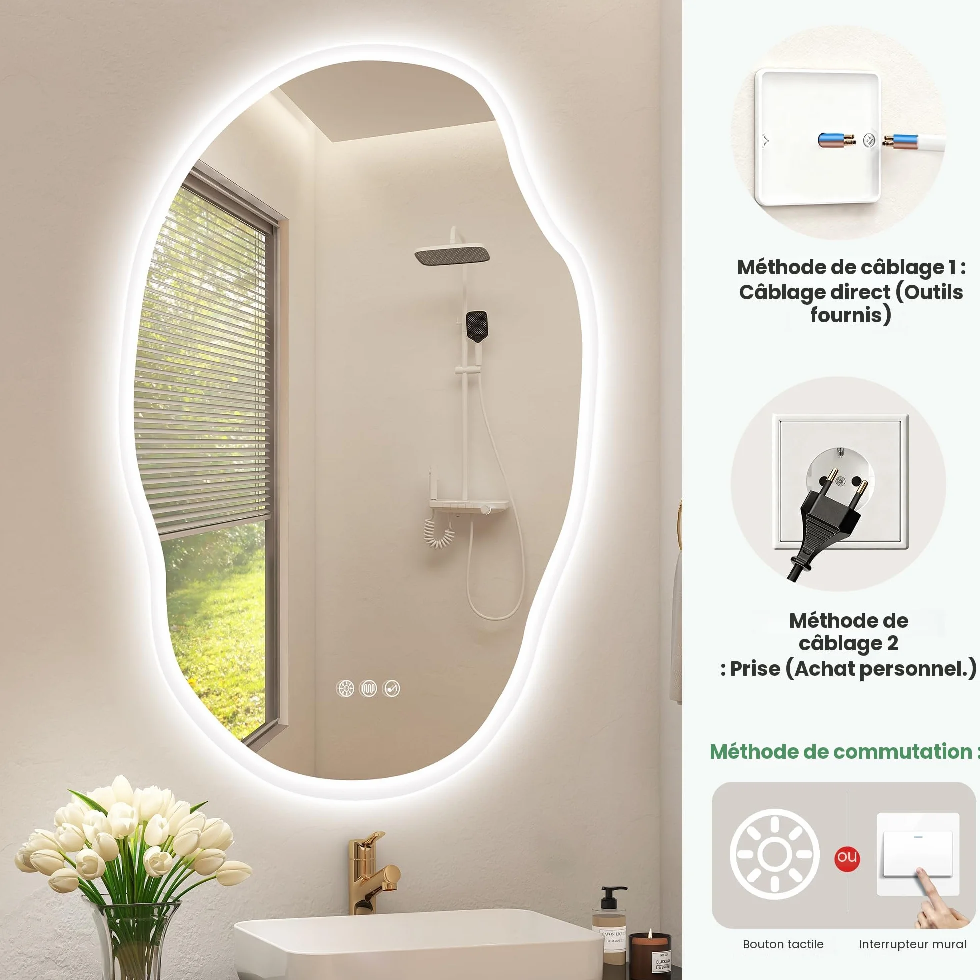 S'bagno Irrégulier Miroir Salle de Bain avec Eclairage 70x100cm, Bluetooth Miroir LED Salle de Bain, Anti-buée, 3000K-6500K, Dimmable, Mémoire, IP44 Miroir Lumineux Salle de Bain, Horizontal/Vertical