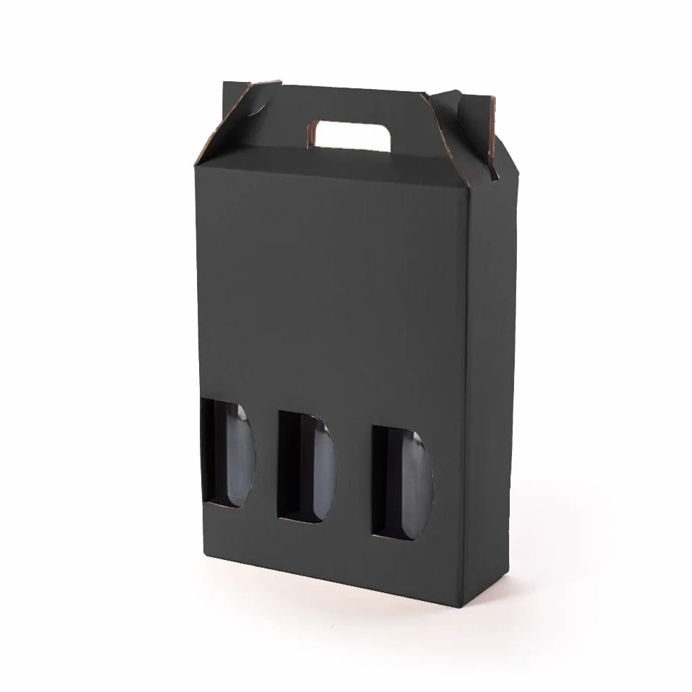Lot de 10 boîtes en carton pour 3 bouteilles de vin, cava, champagne ou liqueur noir. Modèle automontable de boîte avec fenêtre pour emballage bouteilles très original.