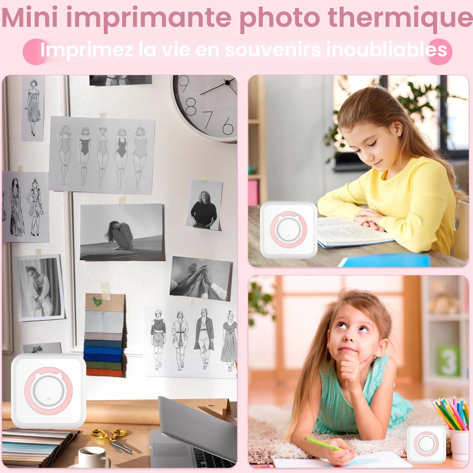 Mini Imprimante Thermique Autocollant Portable sans Fil, Photo Instantané