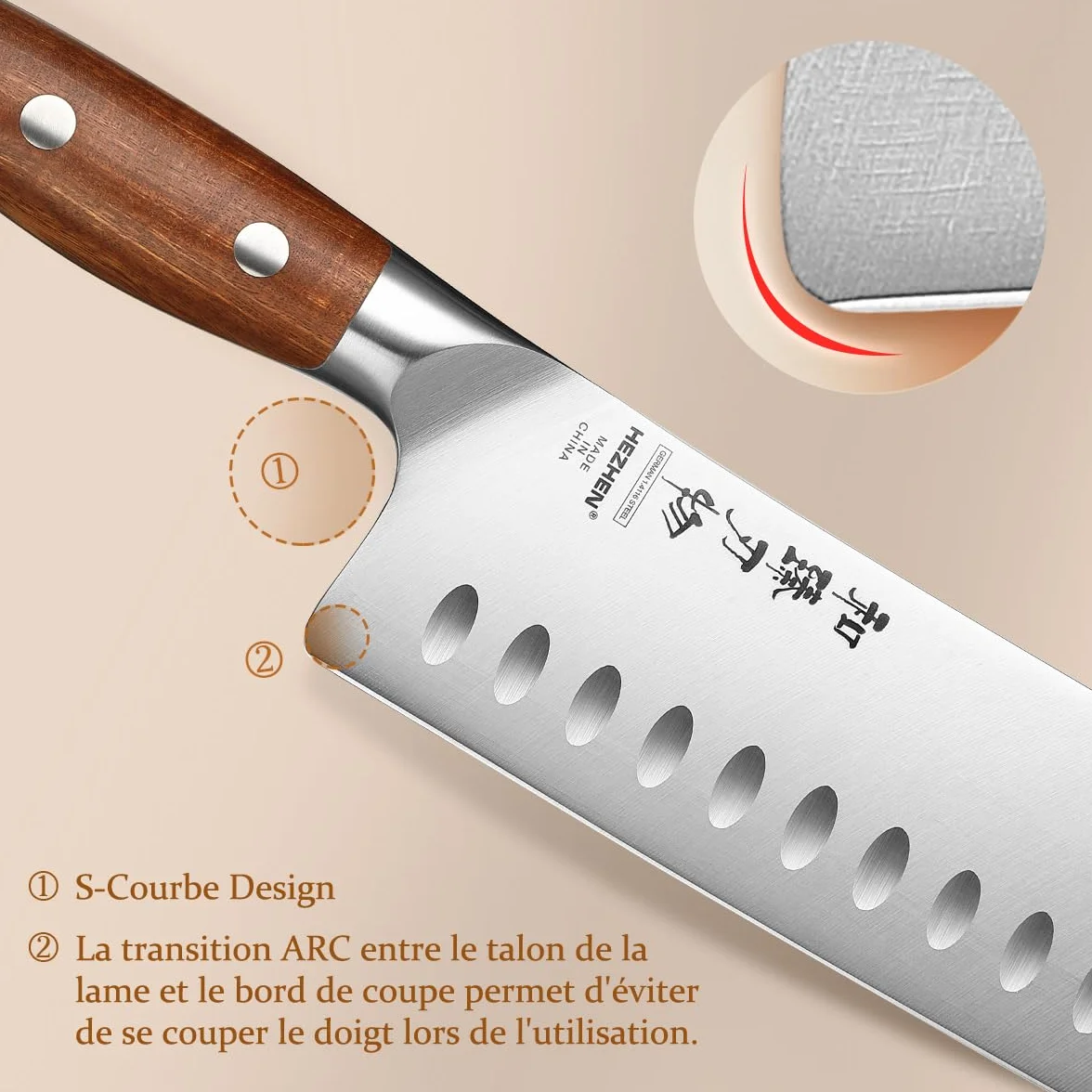 HEZHEN Couteau de Nakiri en Acier Geman, Style Japonais Couteau Couperet，Multi-Usages Couteau de Chef Asiatique Pour Trancher la Viande et les Légumes，Griff aus Redwood