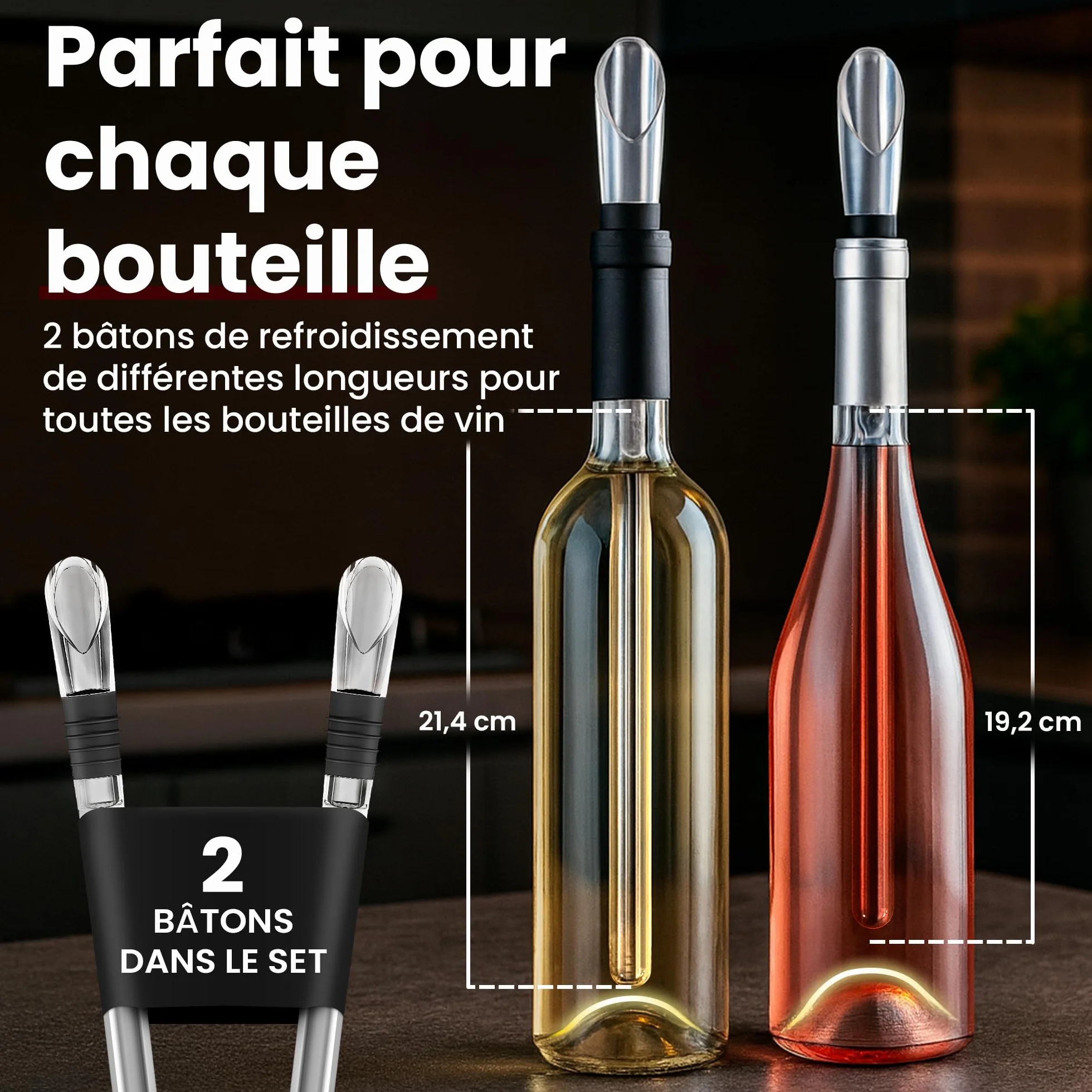 Brendo Rafraîchisseur de Vin 4-en-1 Tige de Refroidissement en Acier Inoxydable 2 Longueurs + Bec Verseur + Décanteur + Bouchon