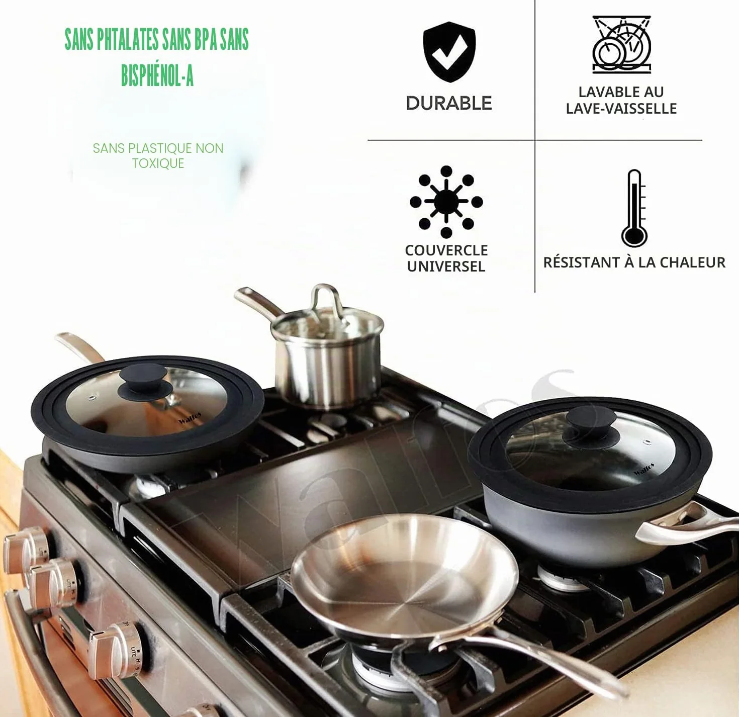 Walfos Couvercle universel Ø 28, 26, 24, 20, 18 et 16 Couvercle en verre pour casseroles, poêles avec bord en silicone gradué, Couvercle pour poêles et casseroles, Couvercle de casserole résistant à