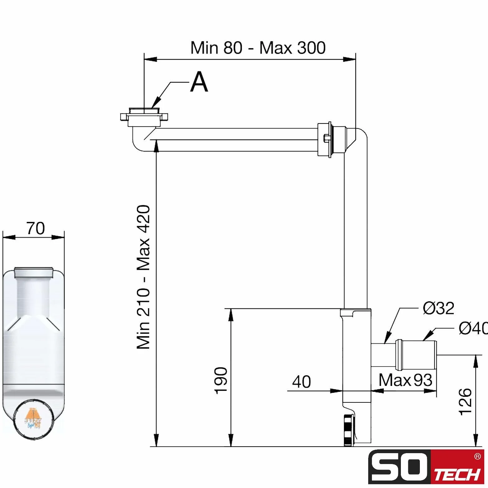 SOTECH Siphon d'encombrement réduit 32-40 mm noir garniture de vidage