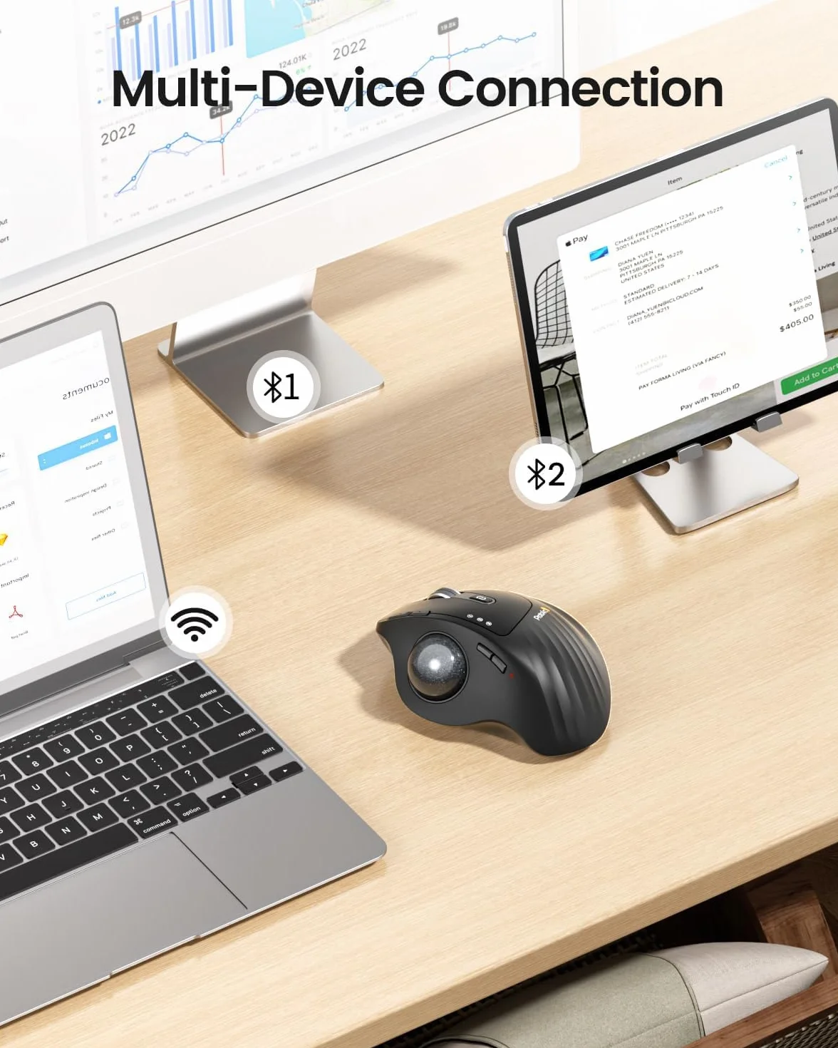ProtoArc EM01 NL Bezprzewodowa mysz Trackball, ergonomiczna mysz kulkowa Bluetooth, kciuk, ładowalna, komputer, laptop, regulowany kąt i 3 przyłącza urządzeń, do PC, Mac, Windows, szara kulka 25
