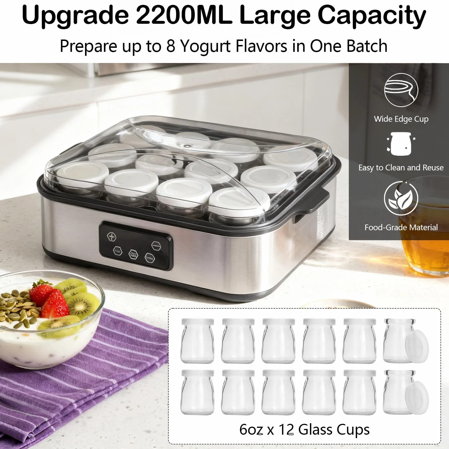 Yaourtière Électrique 2200 ml, avec 12 × 180 ml Pots en Verre, Machine à Yaourt Digitale Inox, Yaourtière Automatique pour Yaourt Maison, Fromage ou Natto