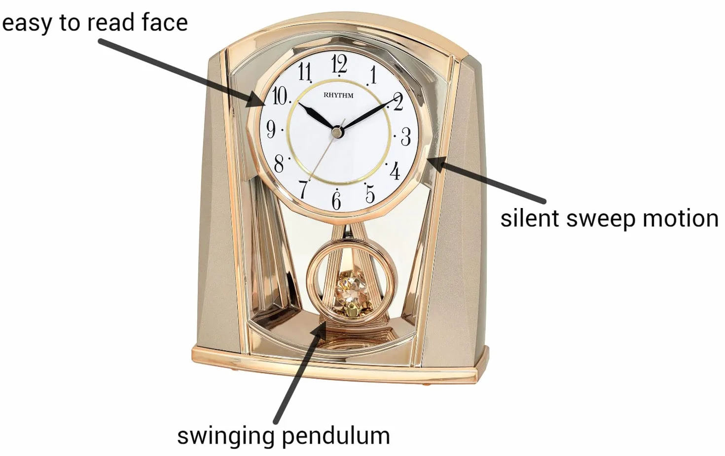 RHYTHM Horloge de cheminée contemporaine pendule oscillant cadran facile à lire Doré Champagne 4RP772WR13