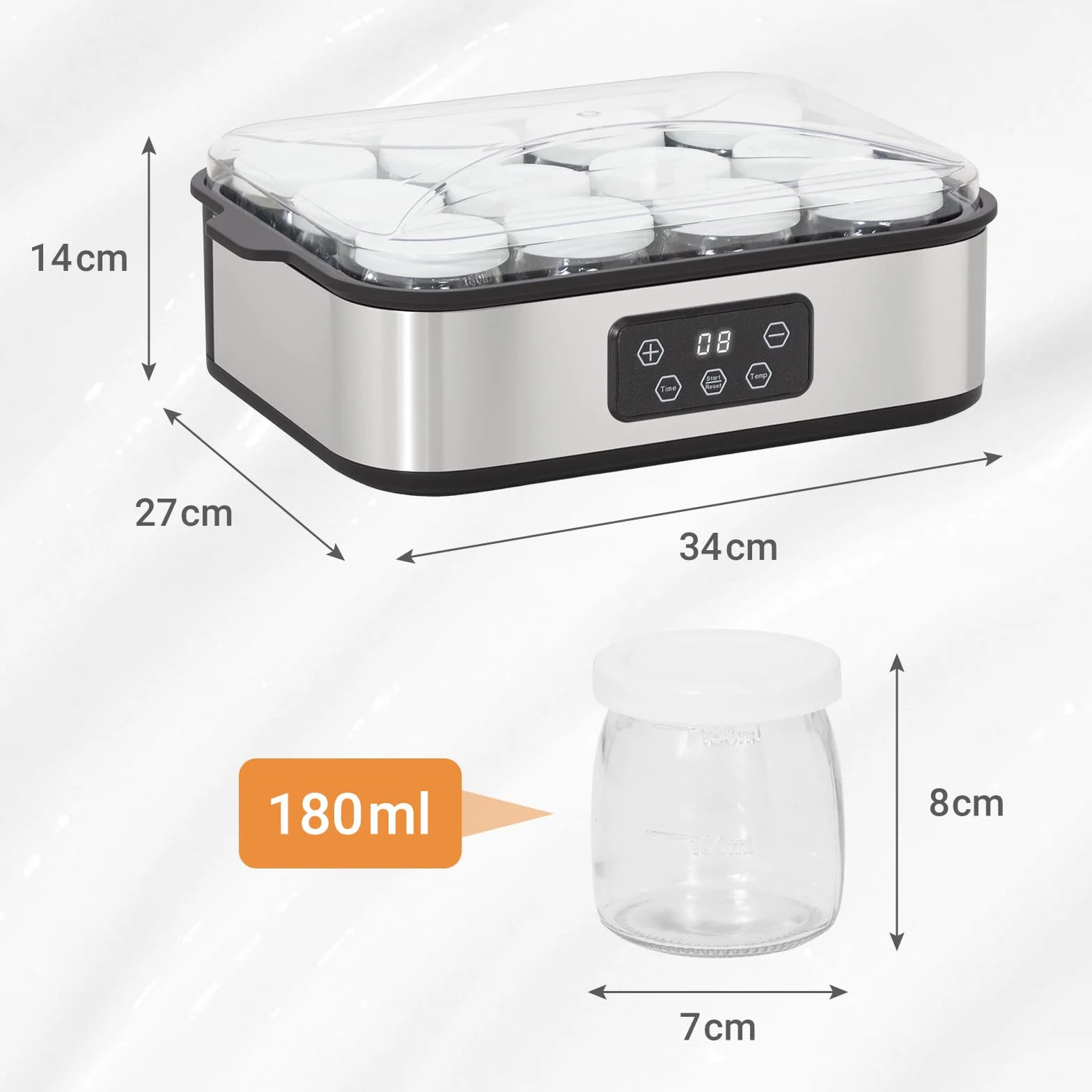 Todeco Yaourtière Électrique avec 12 Pots en Verre de 180ml, Machine à Yaourt Maison en Acier Inoxydable, Écran LCD, Thermostat Réglable et Minuterie, pour Préparer du Yaourt Grecs et Aromatisés