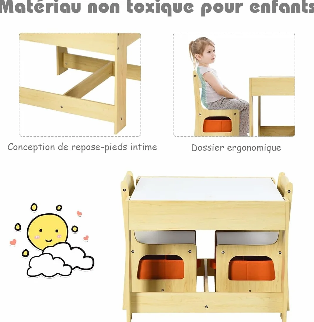 GOPLUS Table Enfant avec 2 Chaises 3-en-1 Petite Table de Dessin Réversible Double Face Tableau Noir Bureau Enfant Polyvalente