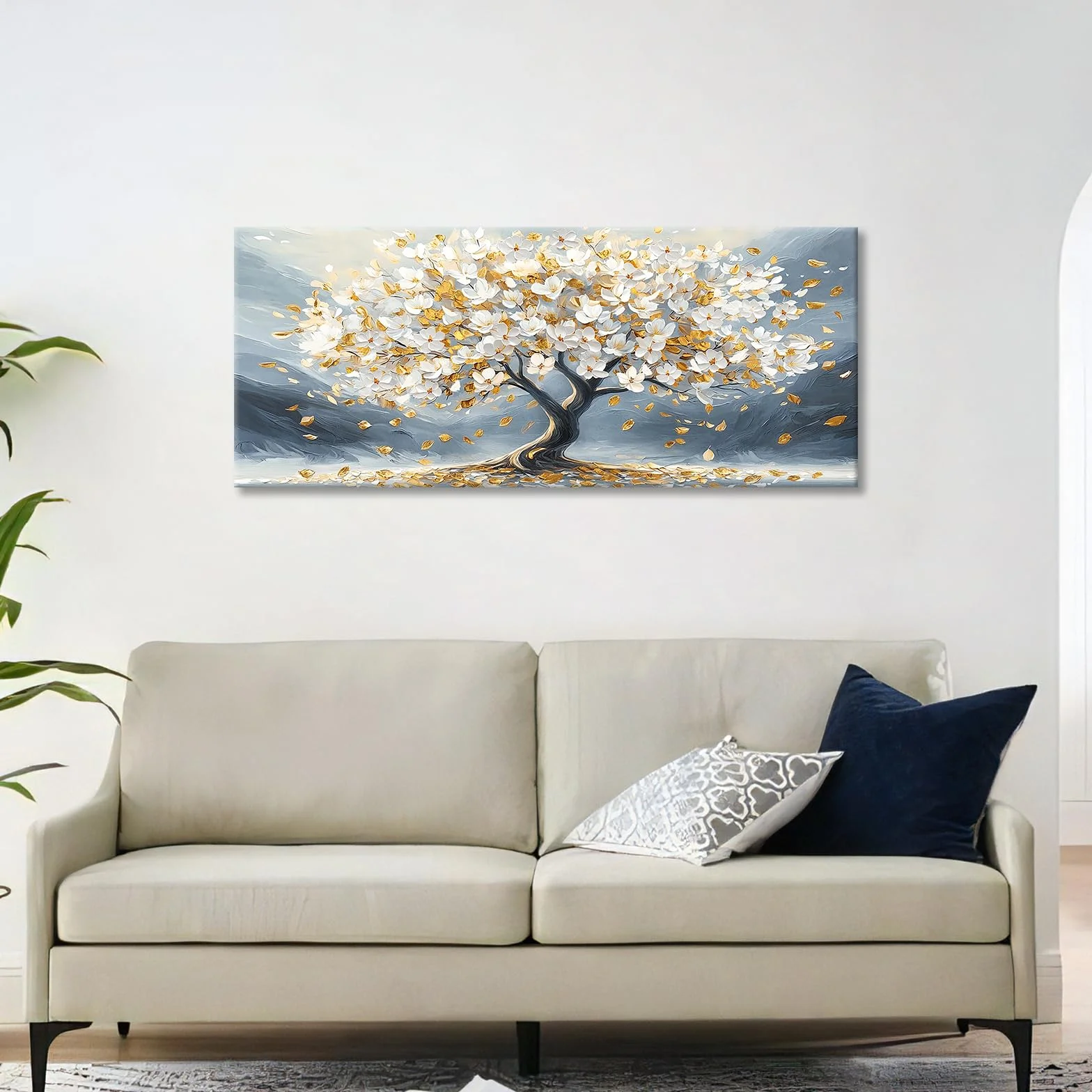 Cadre en Bois Impression sur Toile Arbre De Vie Fleurs Blanche Tableau Peinture Poster Mural Moderne Gris Or Image sur Toile Grandes Tableau Decoration Murale Salon Chambre Restaurant 50x120cm