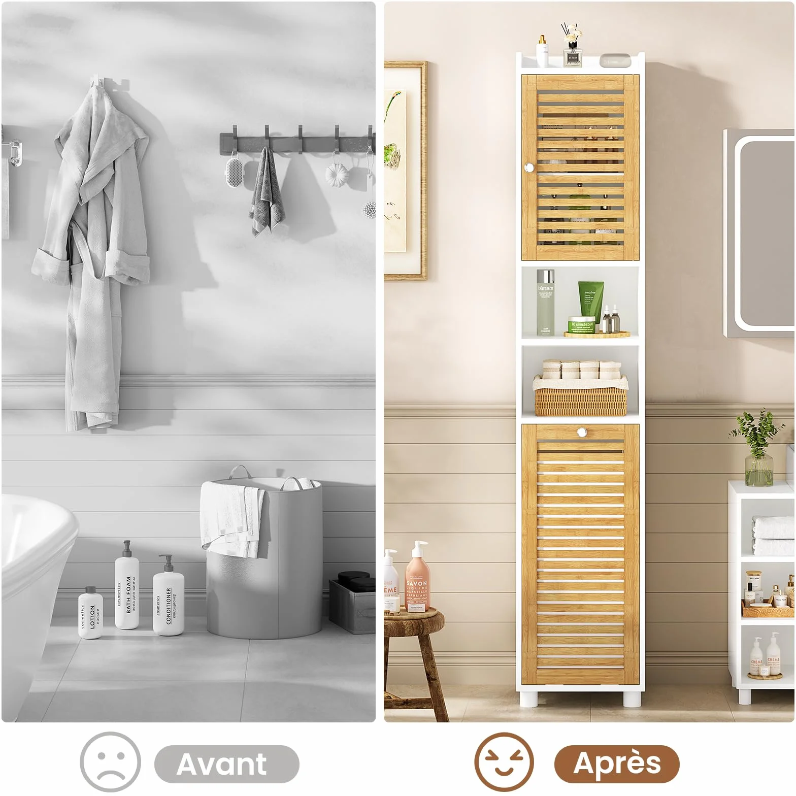 Meuble Colonne Salle de Bain, Meuble de Rangement avec Etagère Réglable, 2 Paniers à Linge, 2 Étagères Ouvertes et 2 Portes en Bambou, Armoire de Salle de Bain Haute, 30 x 30 x 170 cm