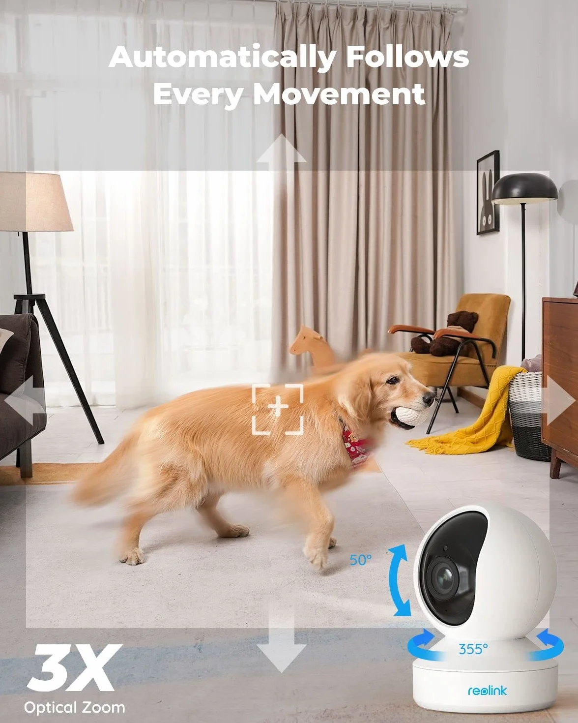 Reolink 5MP PTZ Wewnętrzna Kamera WiFi, 2.4/5 GHz WiFi CCTV z Detekcją AI Osób/Zwierząt, Auto-Śledzeniem, 3X Zoomem, Kamera Bezpieczeństwa dla starszych, zwierząt, dzieci, 2-kierunkowe Audio, E1 Zoom