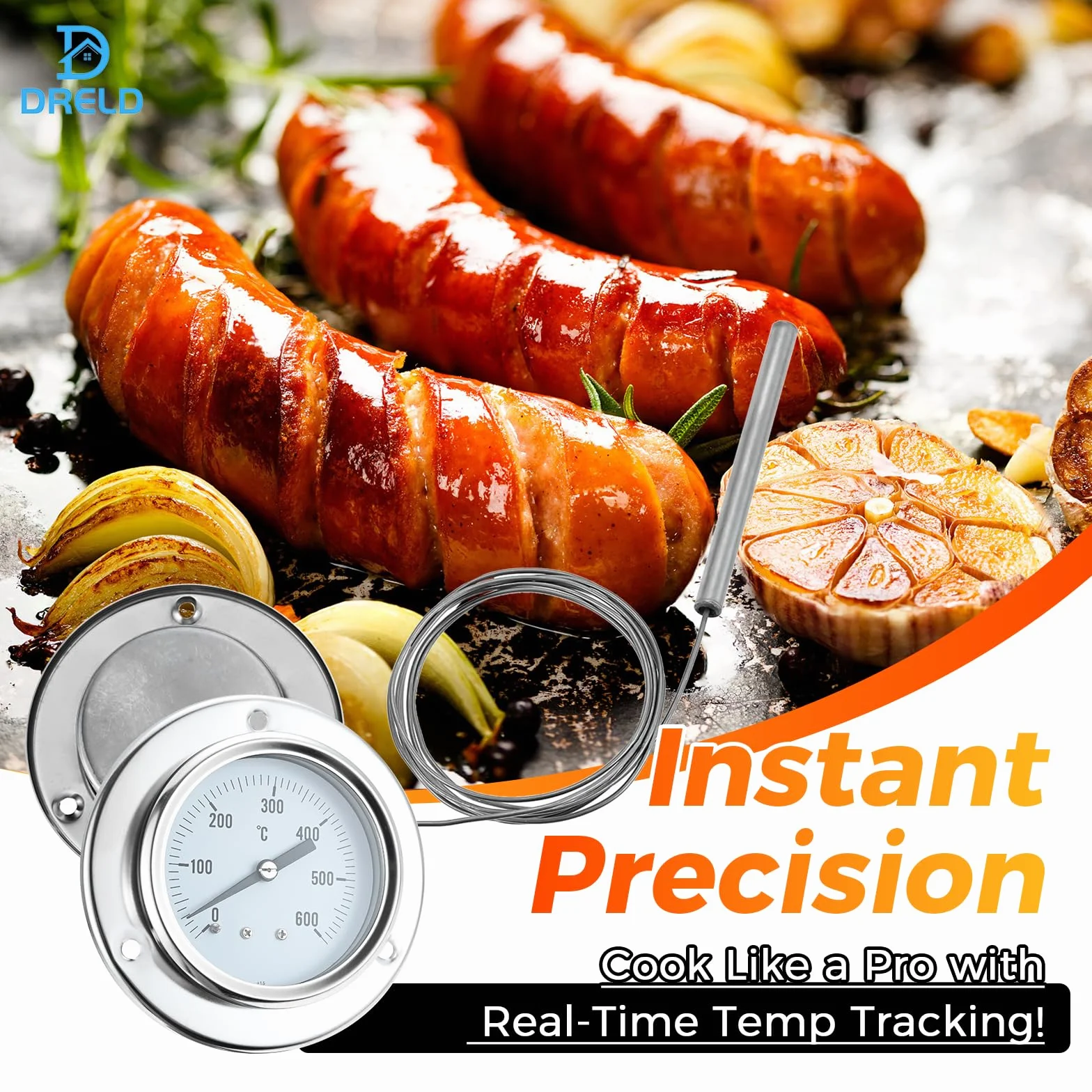 DRELD Thermomètre de four, 150 cm, avec sondes en acier inoxydable, résistant à la chaleur, pour cuisine, barbecue (0-600 °C)