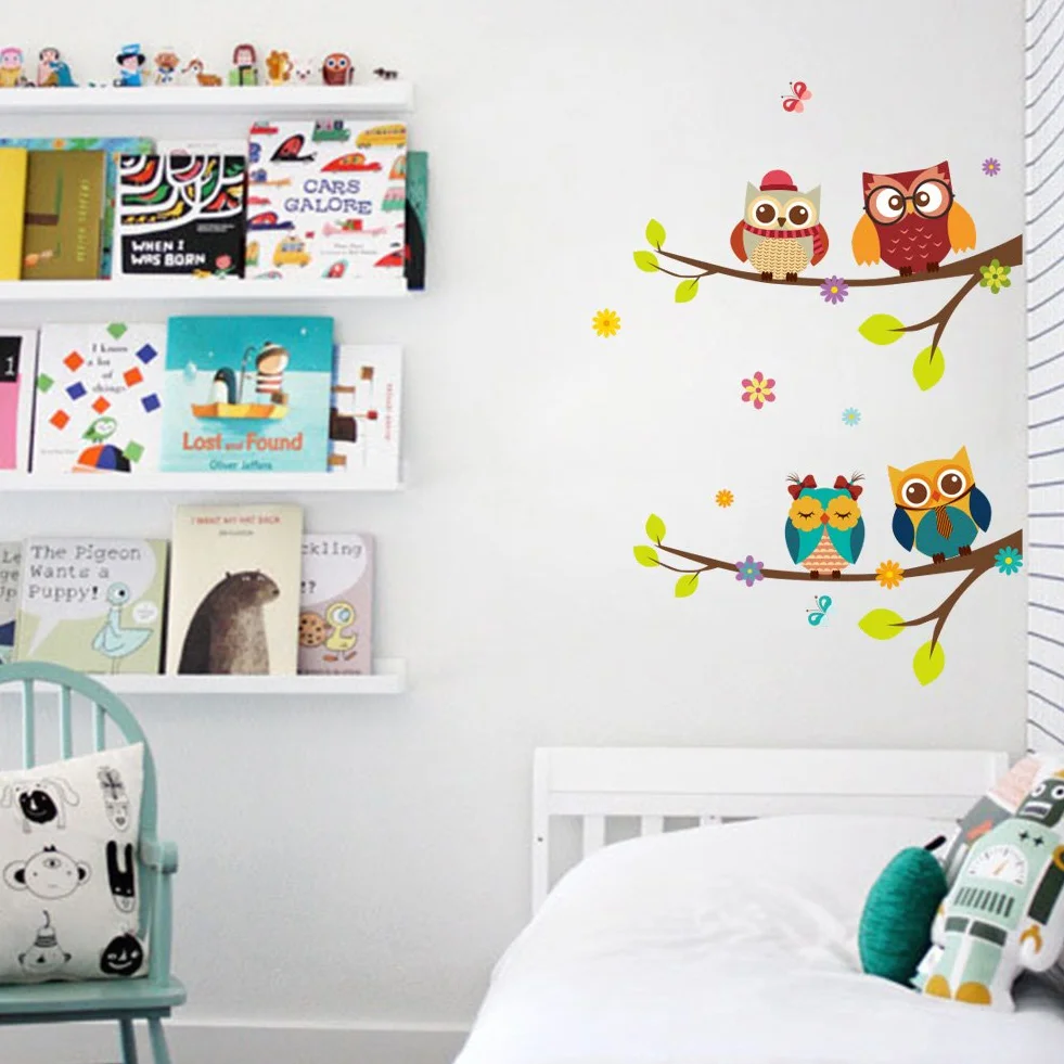 Stickers muraux enfants animaux de la forêt CHOUETTES mignonnes sur BRANCHES 120x100 cm Autocollant mural chambre bébé