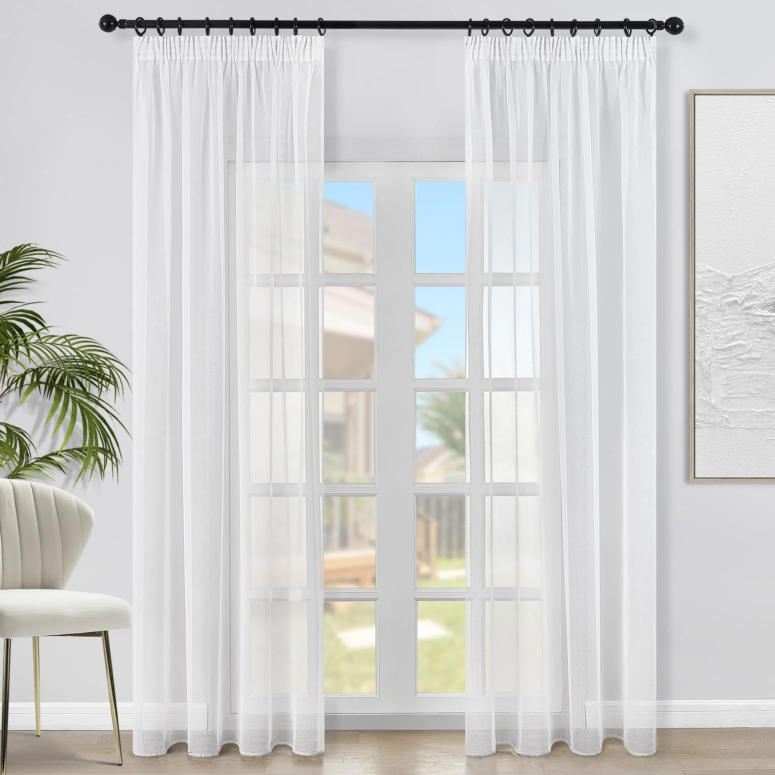 Topfinel Rideau Voilage Blanc 140x240 cm 2 Panneaux Galon Fronceur pour Rail Transparent Effet Lin Fenetre Salon